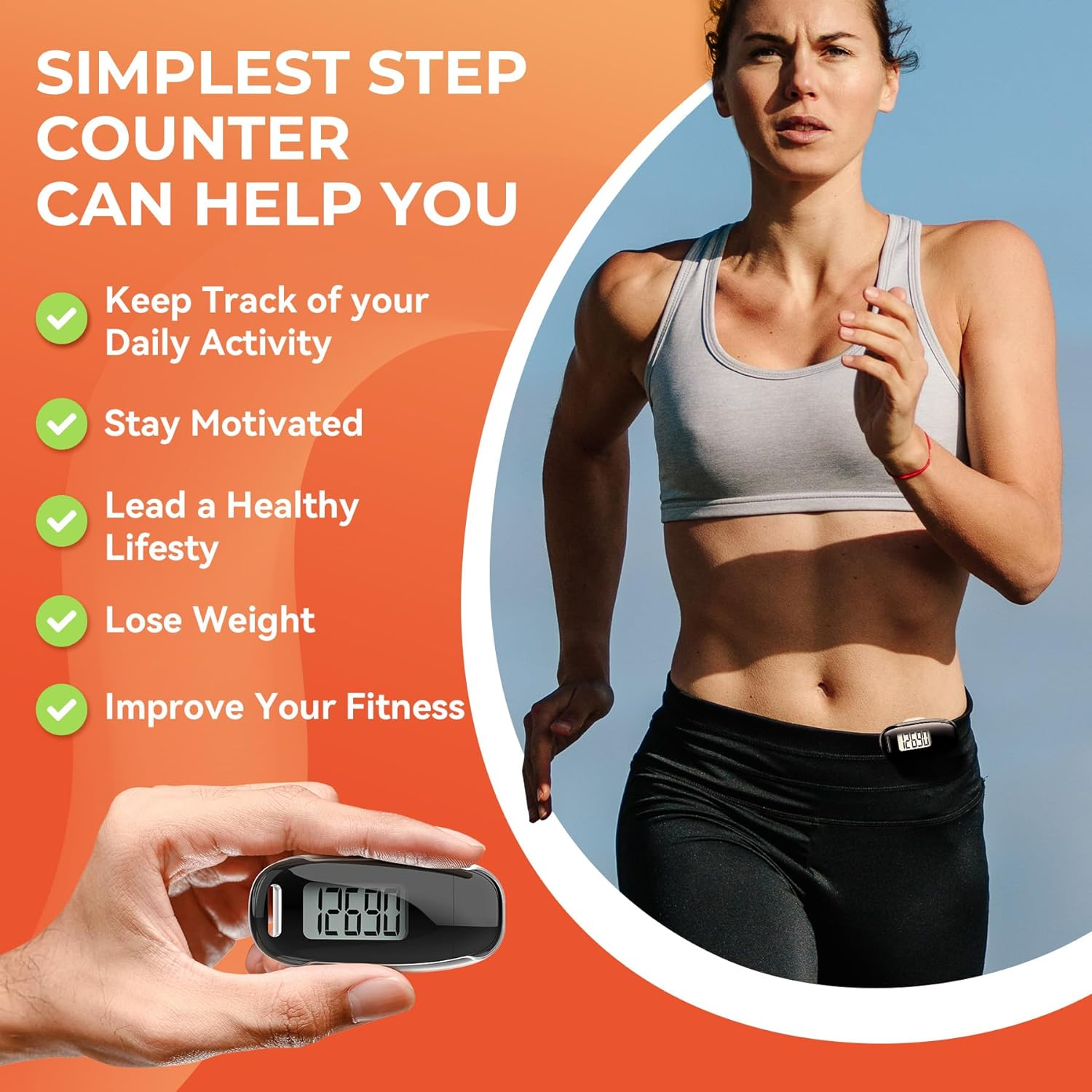 3D Pedometer for Walking, Simple Walking Step Counter with Removable Clip and Strap, USB Rechargeable Step Tracker with Backlight, Accurate Step Counter for Men Women Kids Seniors image number 5