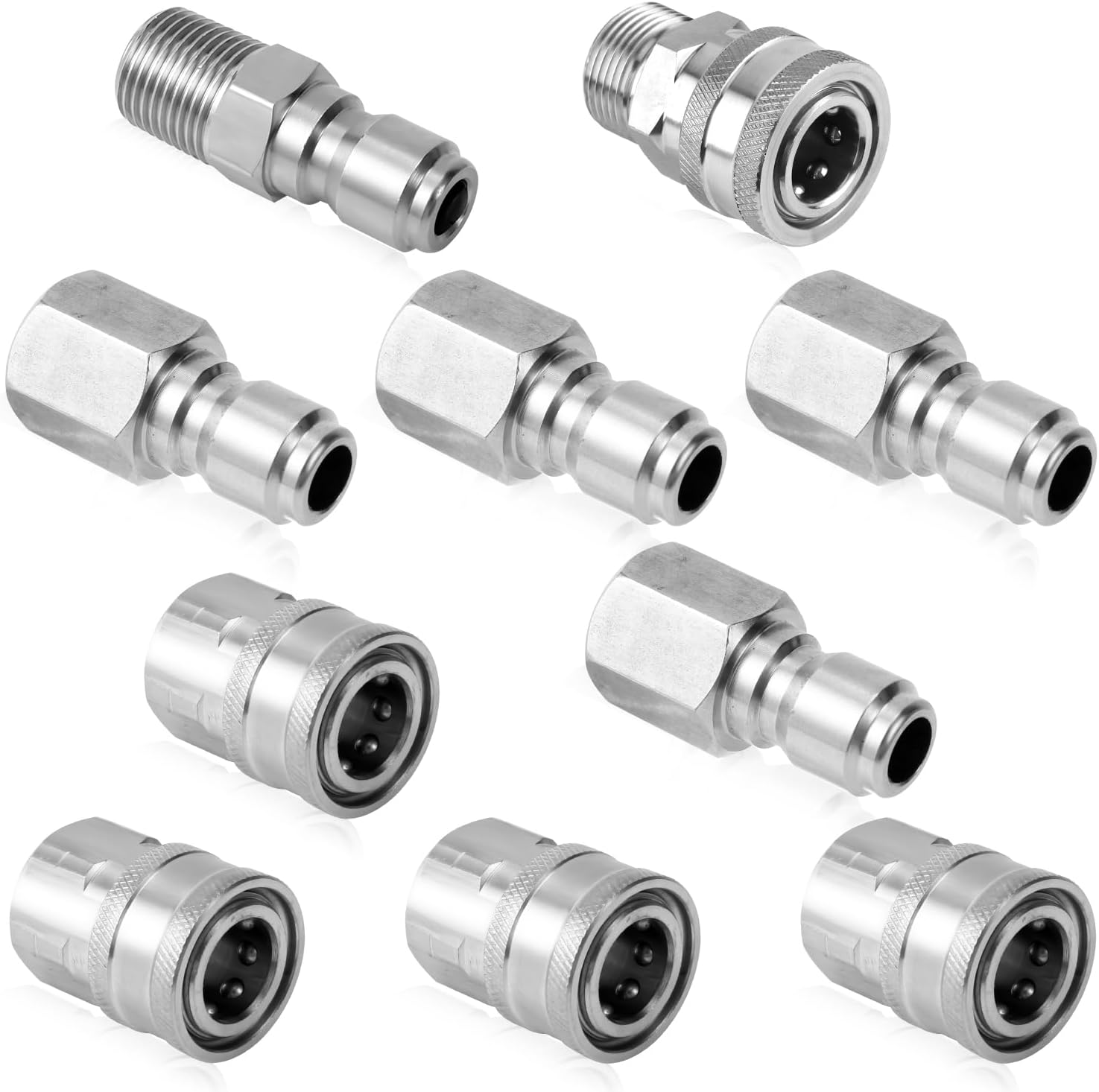 10Pcs Pressure Washer Fast Connect, 1/4In Pressure Washer Adapter Set Male & Female Thread Pressure Washer Fittings Stainless Steel Power Washer Accessories for Garden Hoses Pumps (Silver)