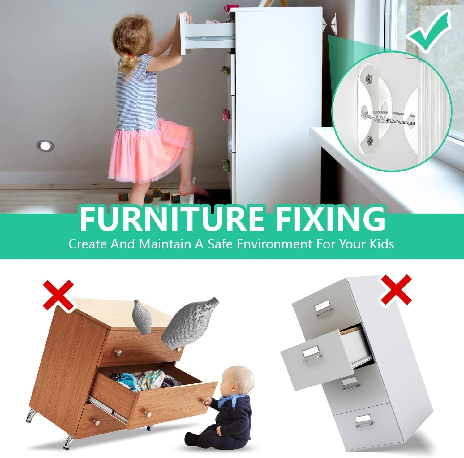 Furniture Anchors (10 Pack) for Baby Proofing, Furniture Straps anti Tip Furniture Anchor Securing 400 Lbs/Keep Baby Pet Safety from Falling Furniture, Metal White Earthquake Straps image number 4