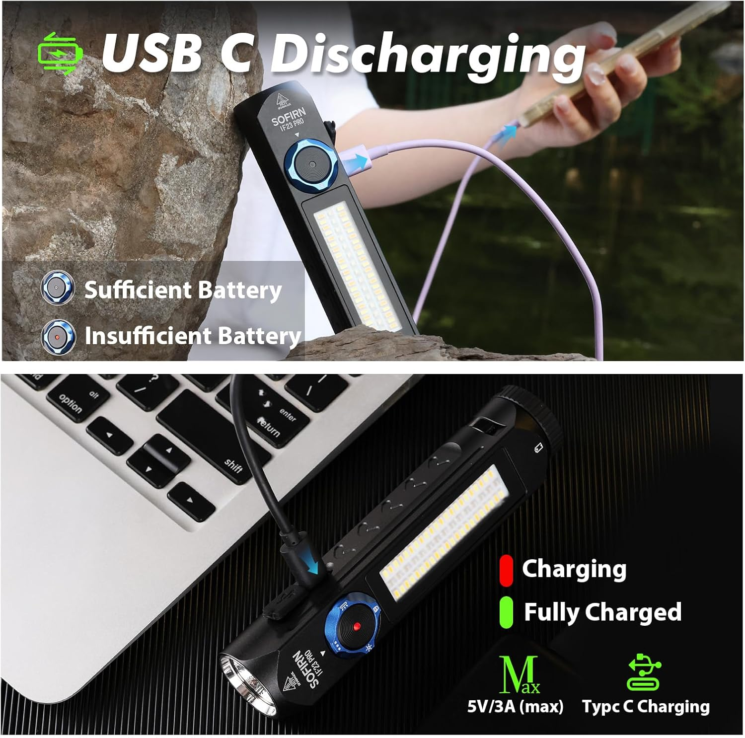 Sofirn IF23 Pro Torch Rechargeable 5000 High Lumens, Super Bright 3-In-1 Flashlight with Side White Light & RGB Color Light, 60 Leds, Magnetic Base, Simple UI for Home, Emergency, Camping, Work image number 1