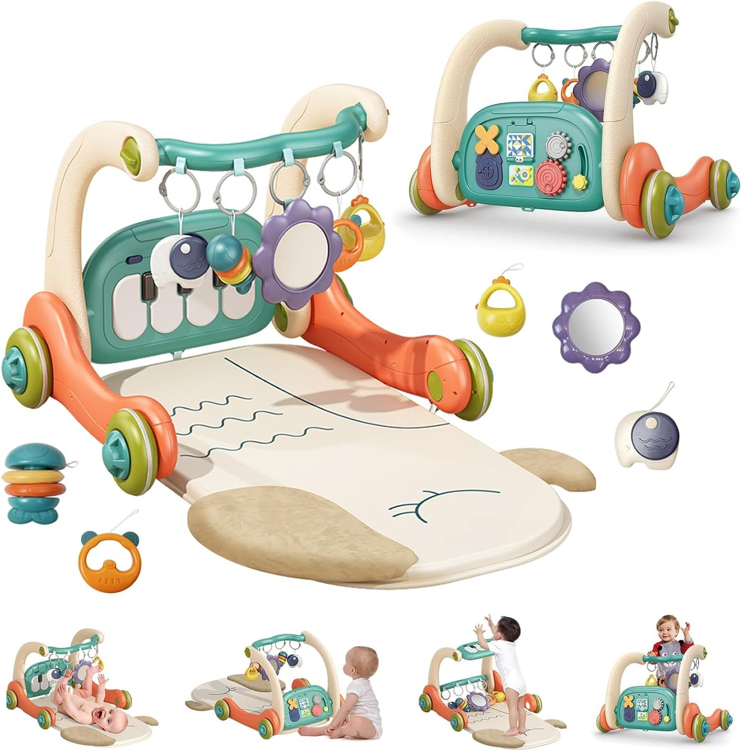 Baby Play Gym with Height Adjustment, Kick & Play Piano Mat with Music and Light, Tummy Time Mat with 5 Detachable Sensory Toys for Newborns to Toddlers (0&ndash;14M+) image number 3
