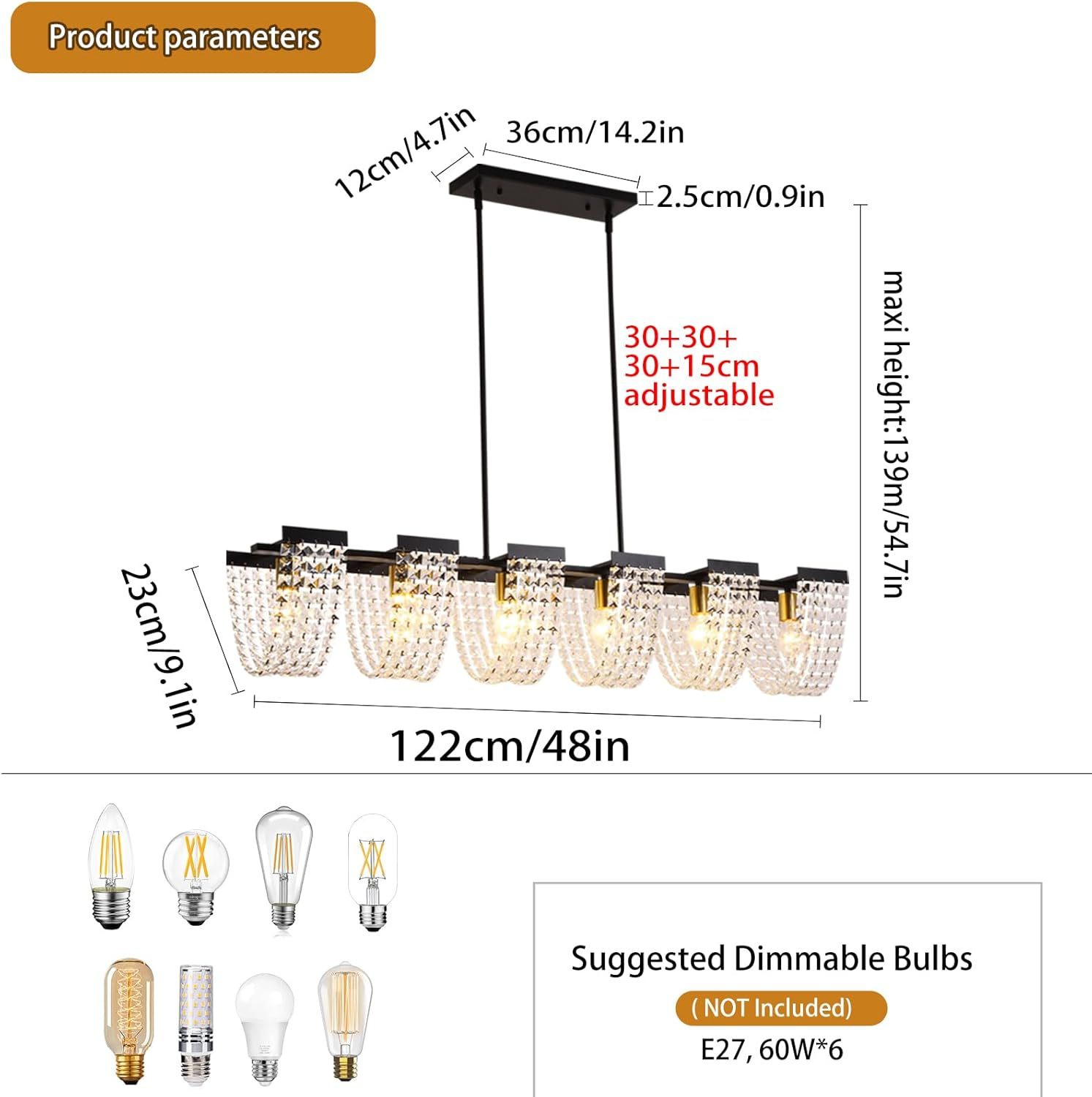Ganeed 6-Light Kitchen Island Lighting, Farmhouse Crystal Chandelier Vintage Linear Pendant Light Fixture for Dining Room Living Room (E27 Bulbs, Not Included) - 40W/Dimmable image number 4