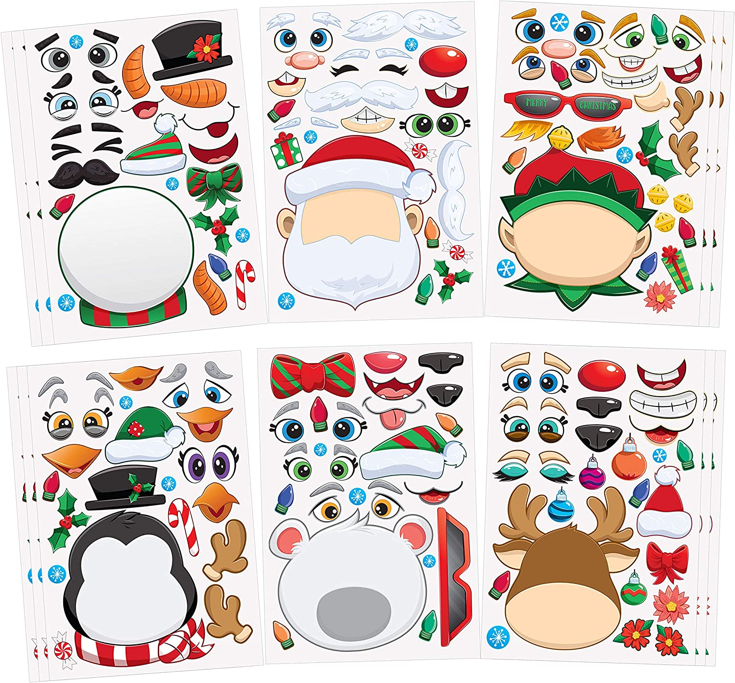 JOYIN 24 PCS Make-A-Face Sticker Sheets Make Your Own Characters Mix and Match Sticker Sheets with Christmas Elf, Santa Claus, Snowman, Penguin and Polar Bear Kids Party Favor Supplies Craft