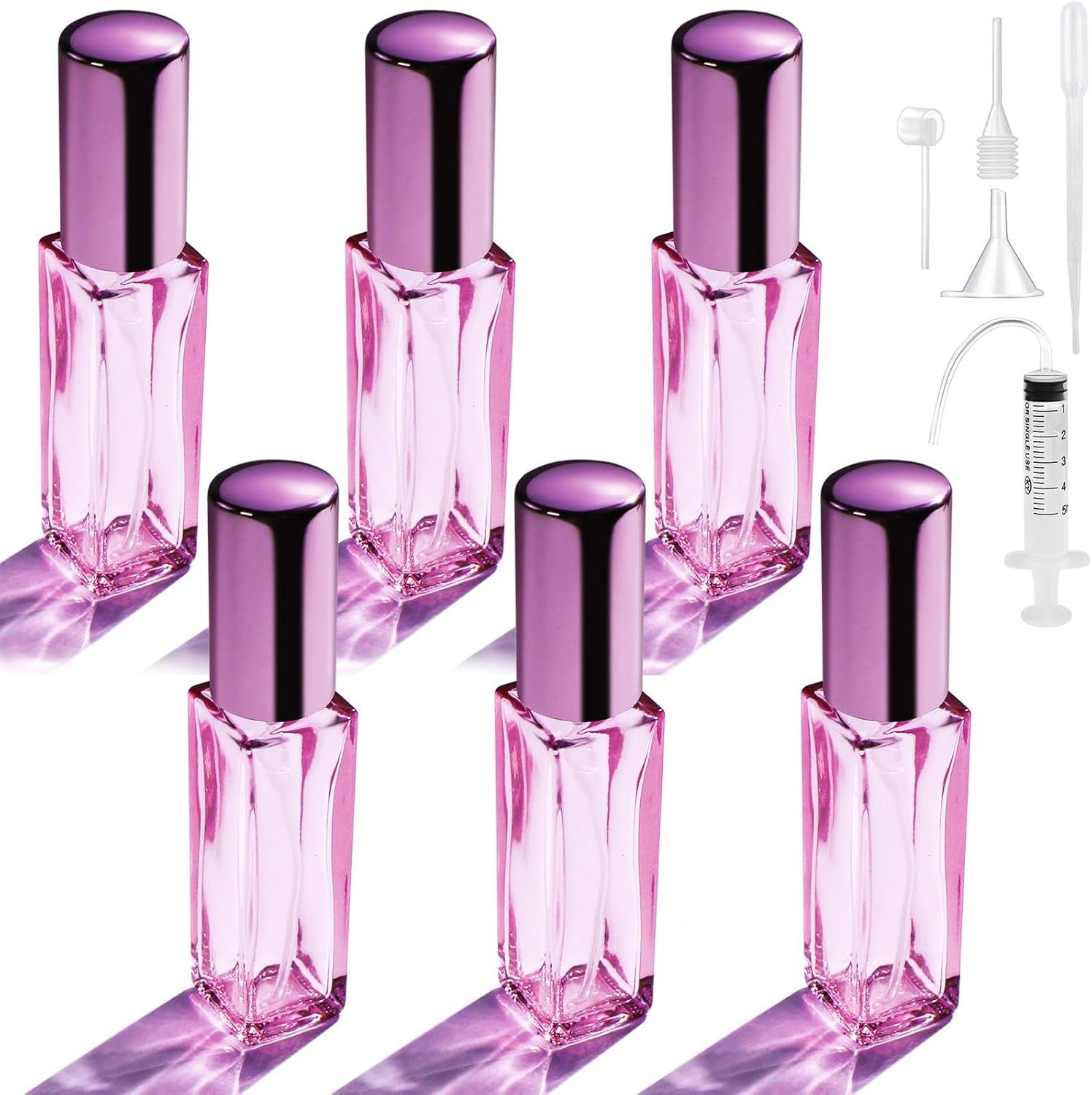 Bohoray Pack of 6 Perfume Atomisers, Refillable, Transparent Perfume Atomiser, 10 Ml, Empty Perfume Bottles for Filling with Atomiser Pump and Funnel for Women or Girls (Pink)