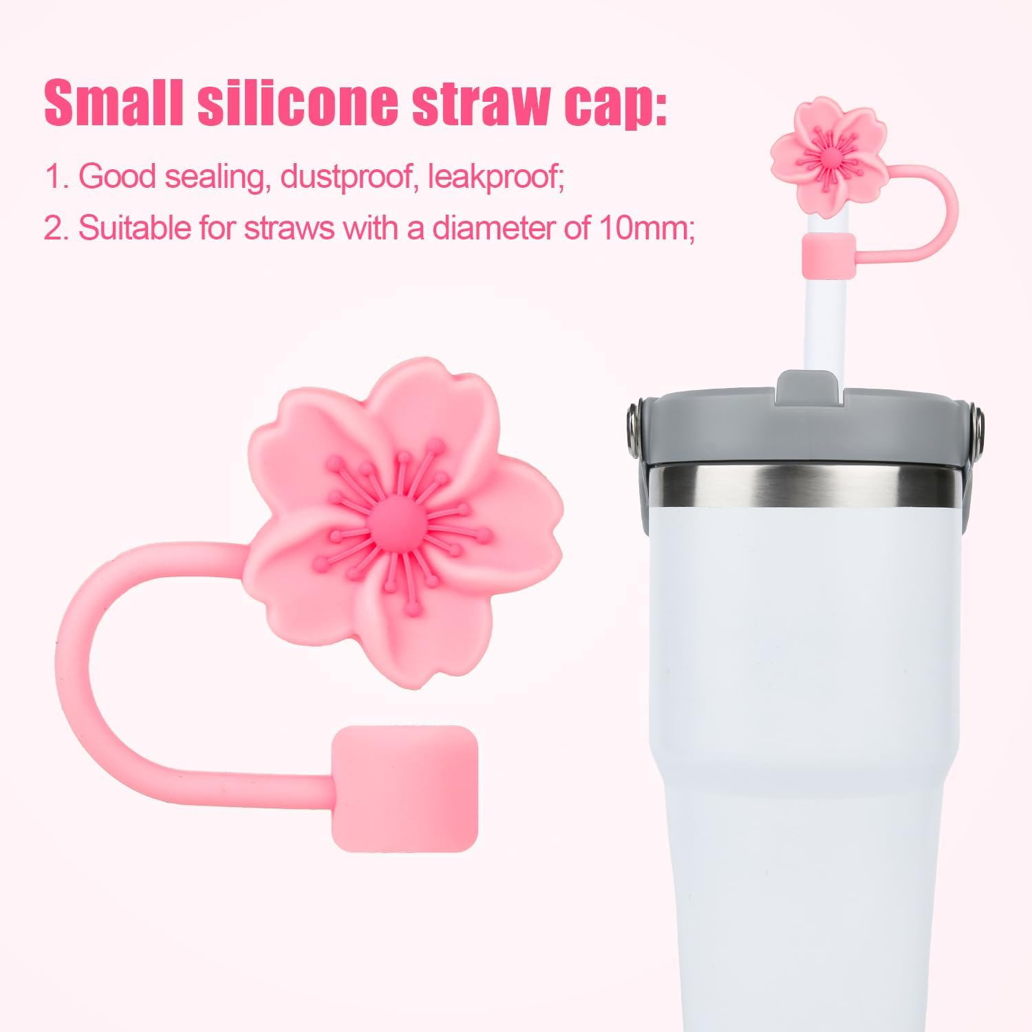 6Pcs 10Mm/0.4" Flower Straw Tip Topper for Stanley Sippy Cup, Pink Cherry Blossom Silicone Lid Cover Cap Reusable Seal Straw Plug Dust Proof Cute Straw Protector Accessories for 30 & 40 Oz Tumbler image number 5