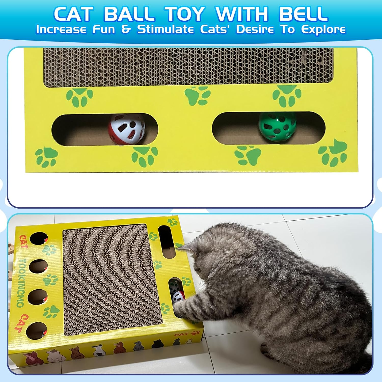 Updated Cat Enrichment Toy, 4 in 1 Cat Box with Spring, Scratching Board & Ball Toy for Indoor Cats, Interactive Toy for Physical Exercise & Entertained. image number 3