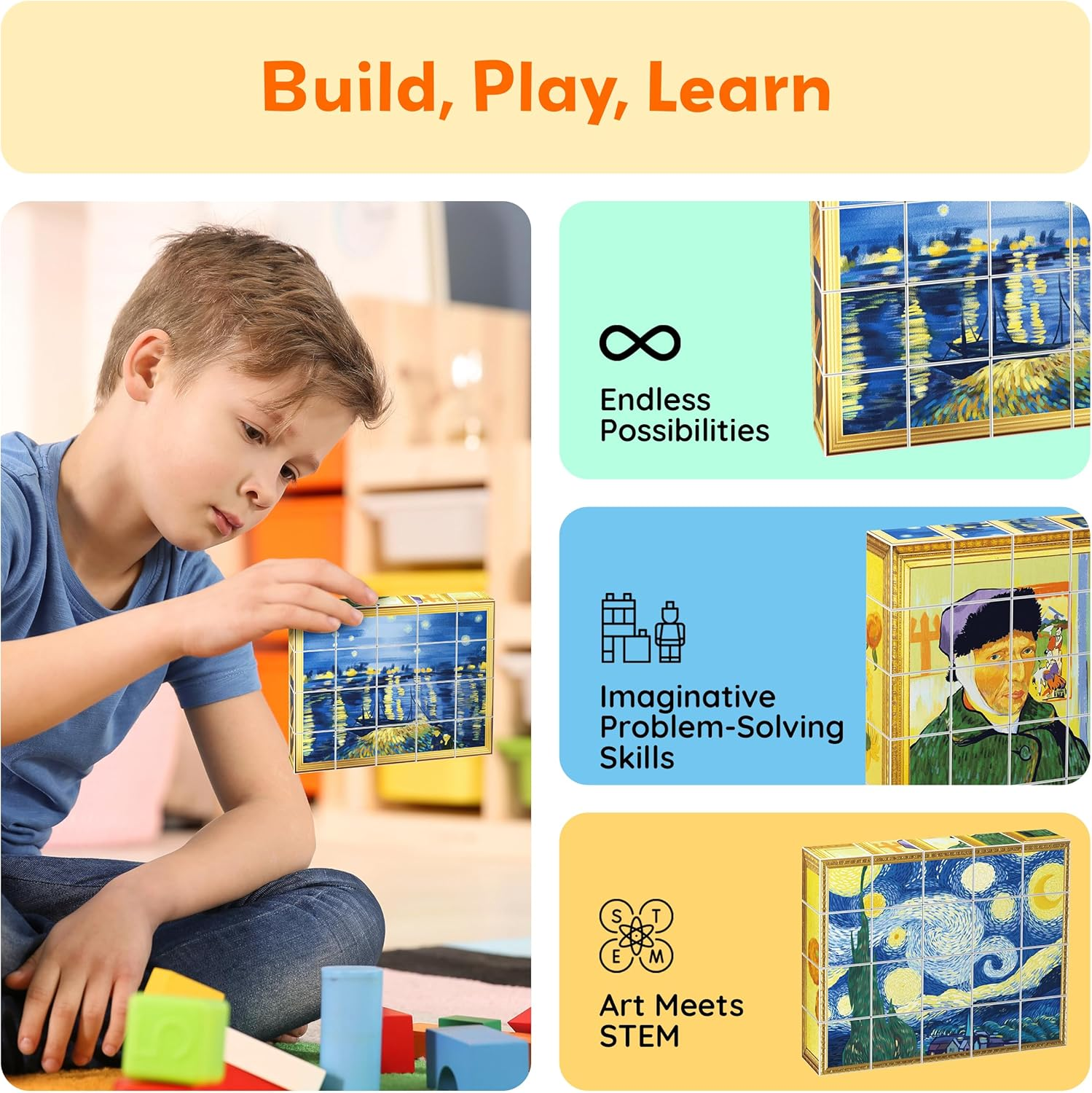 Picassotiles 1&rdquo; Magnetic Puzzle Building Cubes Blocks for Kids, Van Gogh Puzzle, Mona Lisa Hand Puzzle, Kids Toys 3+ Year Old Boy Girl, STEM Toys, Toddler, Teen,Young Explorers,Educational Popular Art image number 1