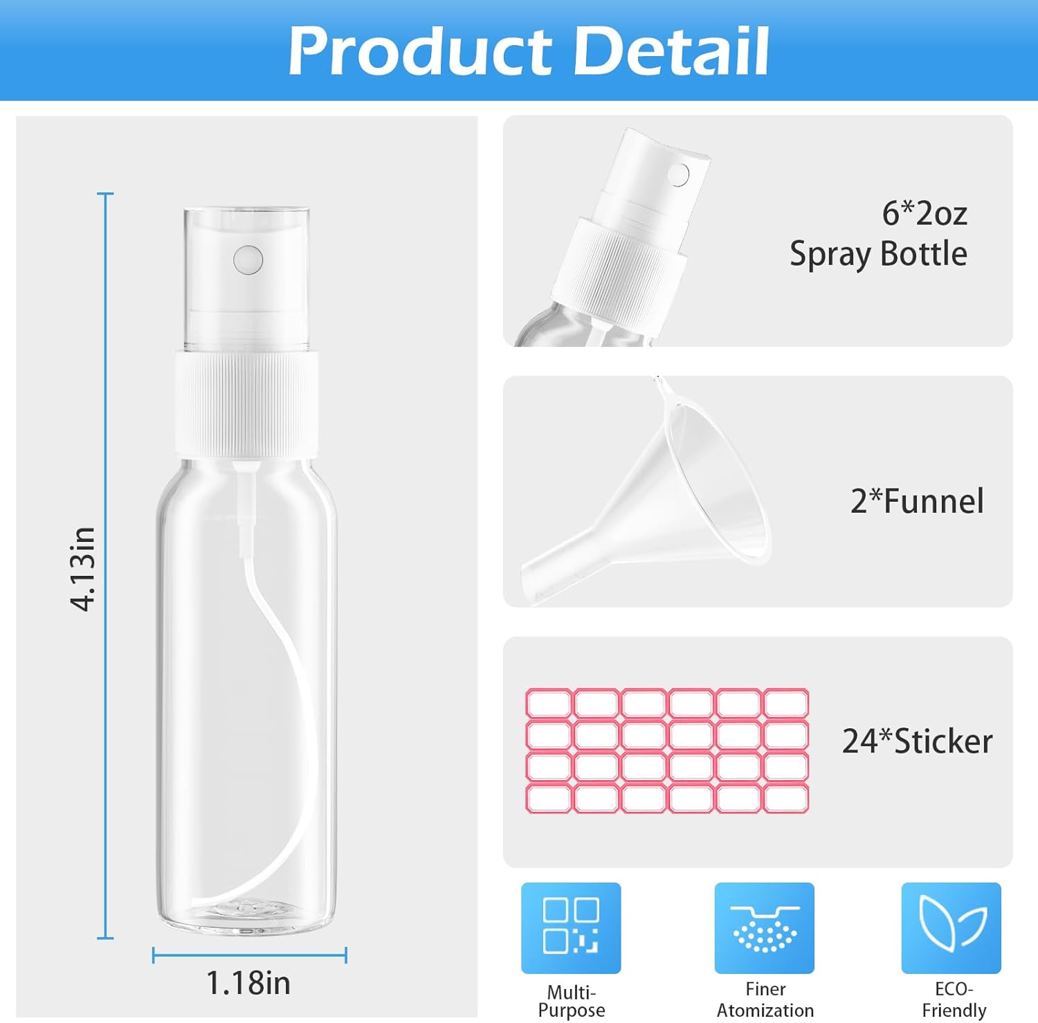 Zoizocp Spray Bottles, 2Oz/50Ml Clear Empty Fine Mist Plastic Mini Travel Bottle Set, Small Refillable Liquid Containers with 2Pcs Funnels and 24Pcs Labels (6 Pack) image number 4