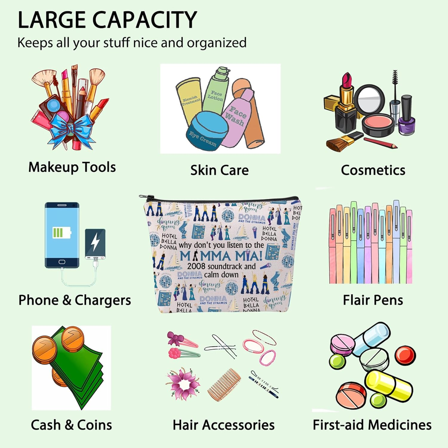 FOTAP Mamma Music Inspired Gift Mamma Inspire Cosmetic Bag Mia Merch Mamma Quote Bag, White, Mamma M-Ia image number 4