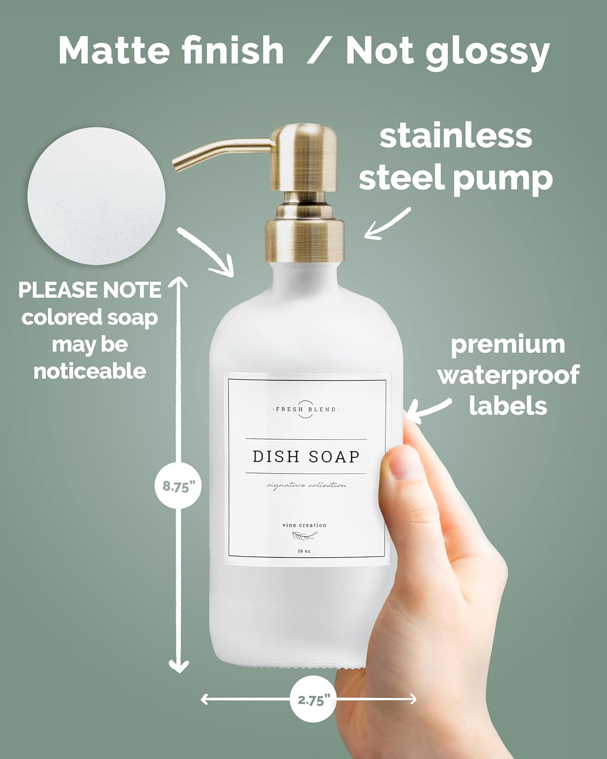 Vine Creations White Glass Soap Dispenser Set, 2 Pack with Stainless Steel Pump, 16 Oz for Kitchen and Bathroom, Dish Soap Dispenser with Waterproof Labels - Clear Bottle / Gold Pump image number 7