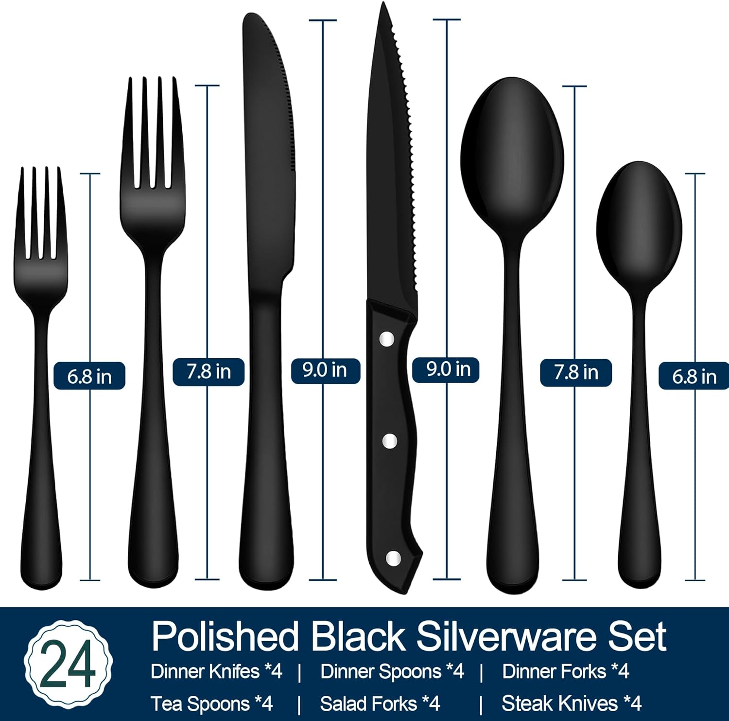 SHEUMNT 24-Piece Black Silverware Set with Steak Knives, Stainless Steel Cutlery Set, Food Grade Flatware Set Service for 4, Mirror Polished Tableware for Home Restaurant - Gold image number 6