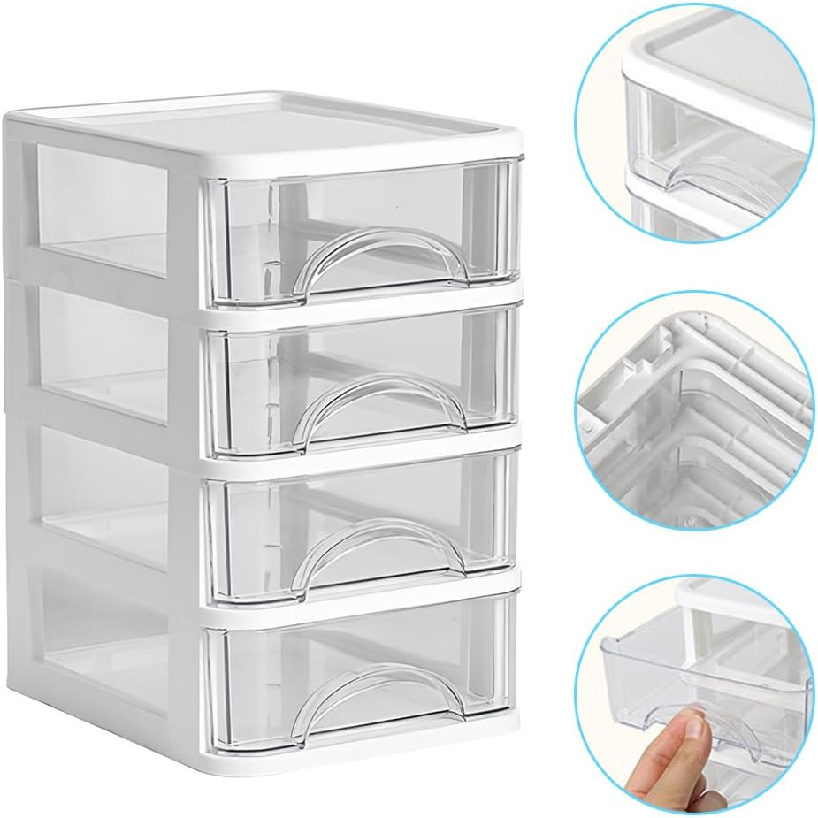 4 Layer Clear Plastic Drawer Oragnizer, Drawers Closet Storage Box, Desktop Container Case for Office Bedroom Living Room Organizer, 14.2 * 18.3 * 23.5Cm, White image number 1