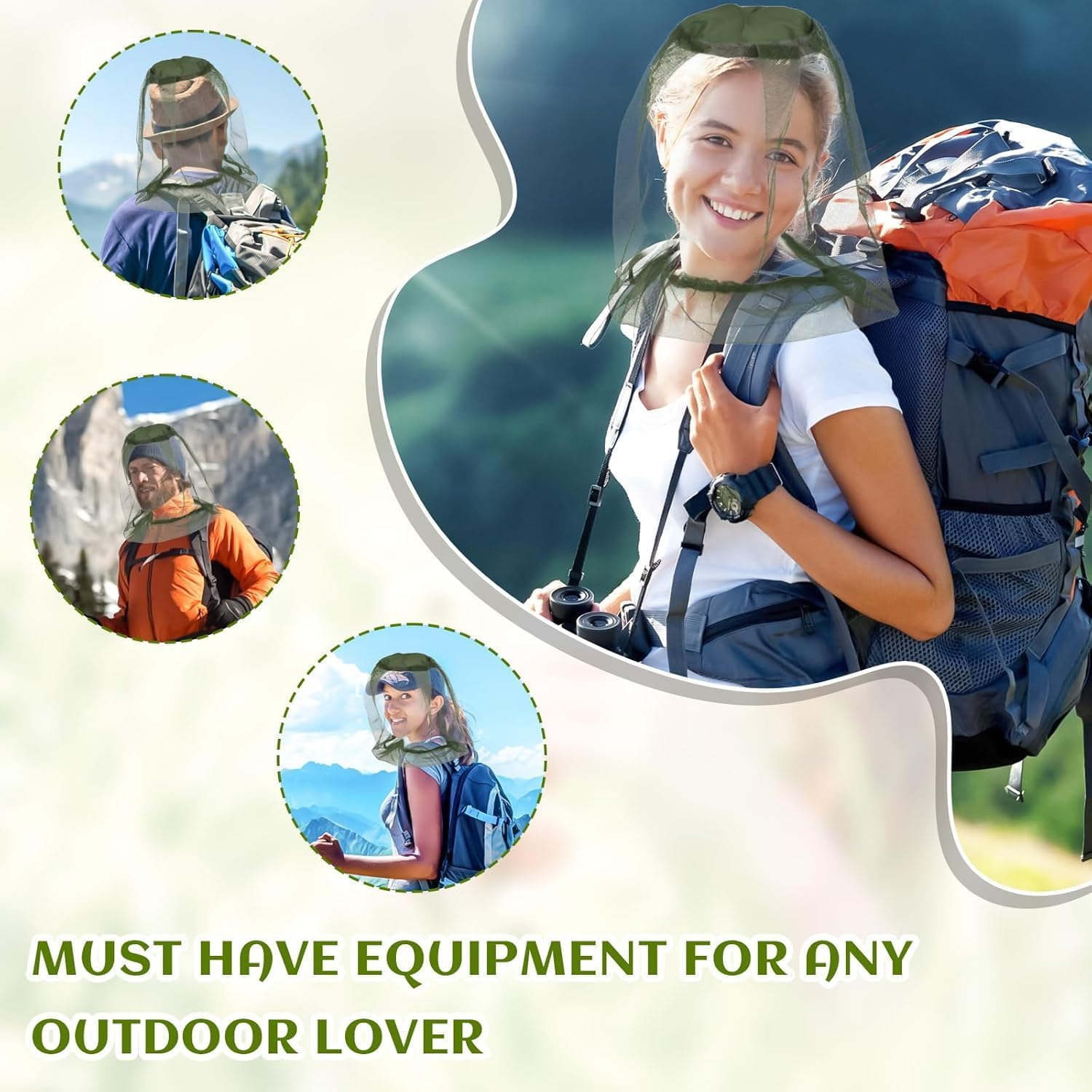 4 Pack Mosquito Head Net - Breathable Insect Face Shield for Hiking, Camping,Fishing & Gardening | Lightweight Bug Proof Mesh Cover | Beekeeper Approved | Army Green image number 5