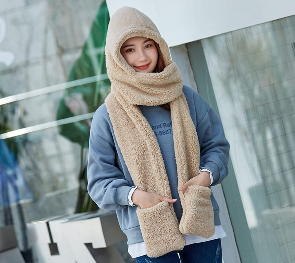 Tonwhar Womens Cute Winter Thick Warm Long Hooded Scarf with Mittens - Bear-Khaki image number 4