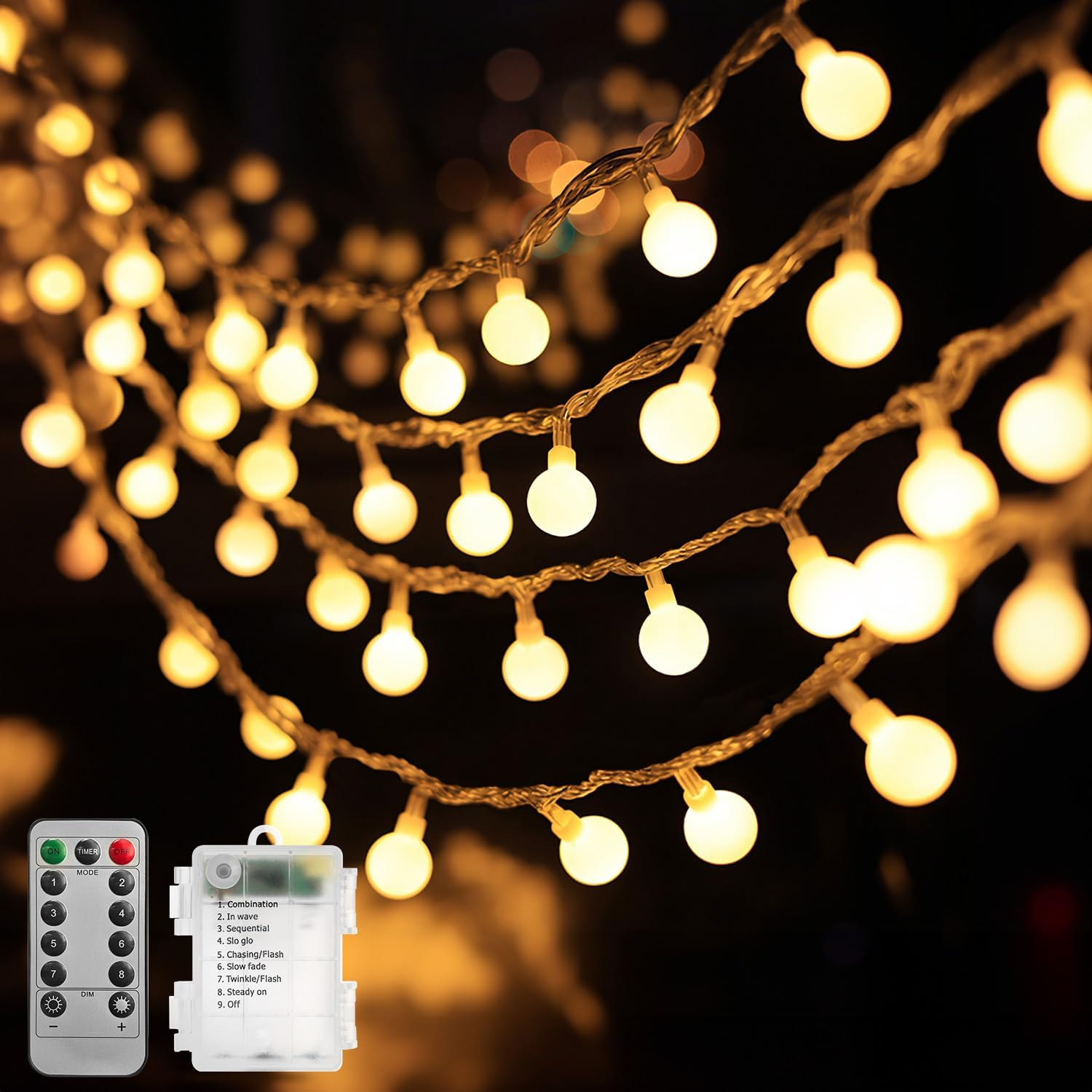 Theapro Fairy Lights Globe String Lights 33Ft 100LEDS with 8 Mode Remote Battery Powered Waterproof Indoor Outdoor Christmas Lights Decorative for Bedroom Diwali Party Garden Wedding (Warm White) image number 2