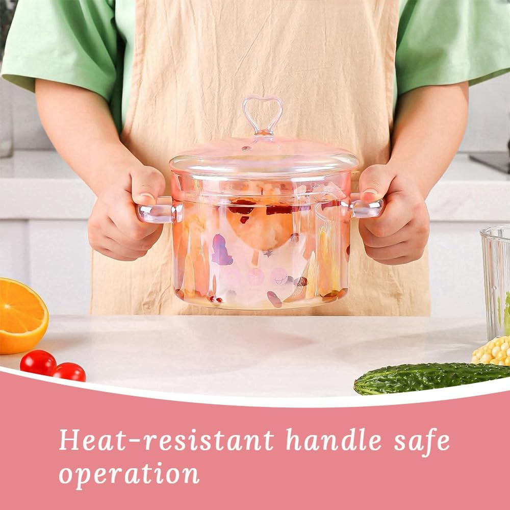 GUDAJIN Pink Transparent Glass Pot, 1500 Ml Soup, Stew, Cooking Pot, Heart-Shaped Handle Lid, Suitable for Pasta, Soup, Milk, Noodles, Vegetable Soup and Salad (Pink)