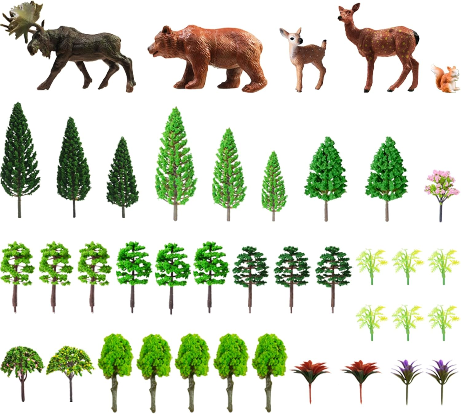 40 PCS Woodland Animals Figures Model Trees, 5 Pcs Animal Toy Figurines and 35 Pcs Mixed Plastic Trees Forest for Woodland Cake Toppers Decorations Birthday Party Supplies