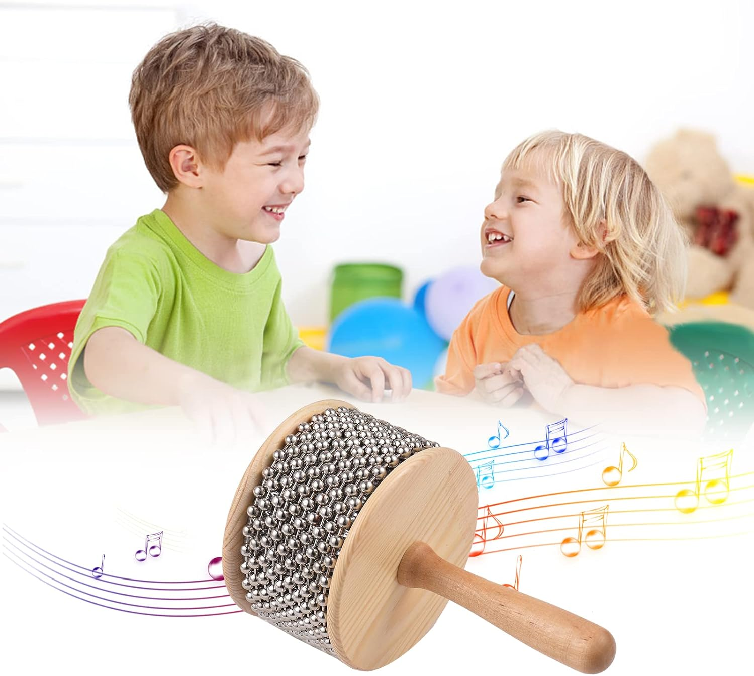 Nurdo Wooden Cabasa Percussion Musical Instrument Metal Beaded Chain&Cylinder Pop Hand Shaker for Classroom Band Medium Size image number 3