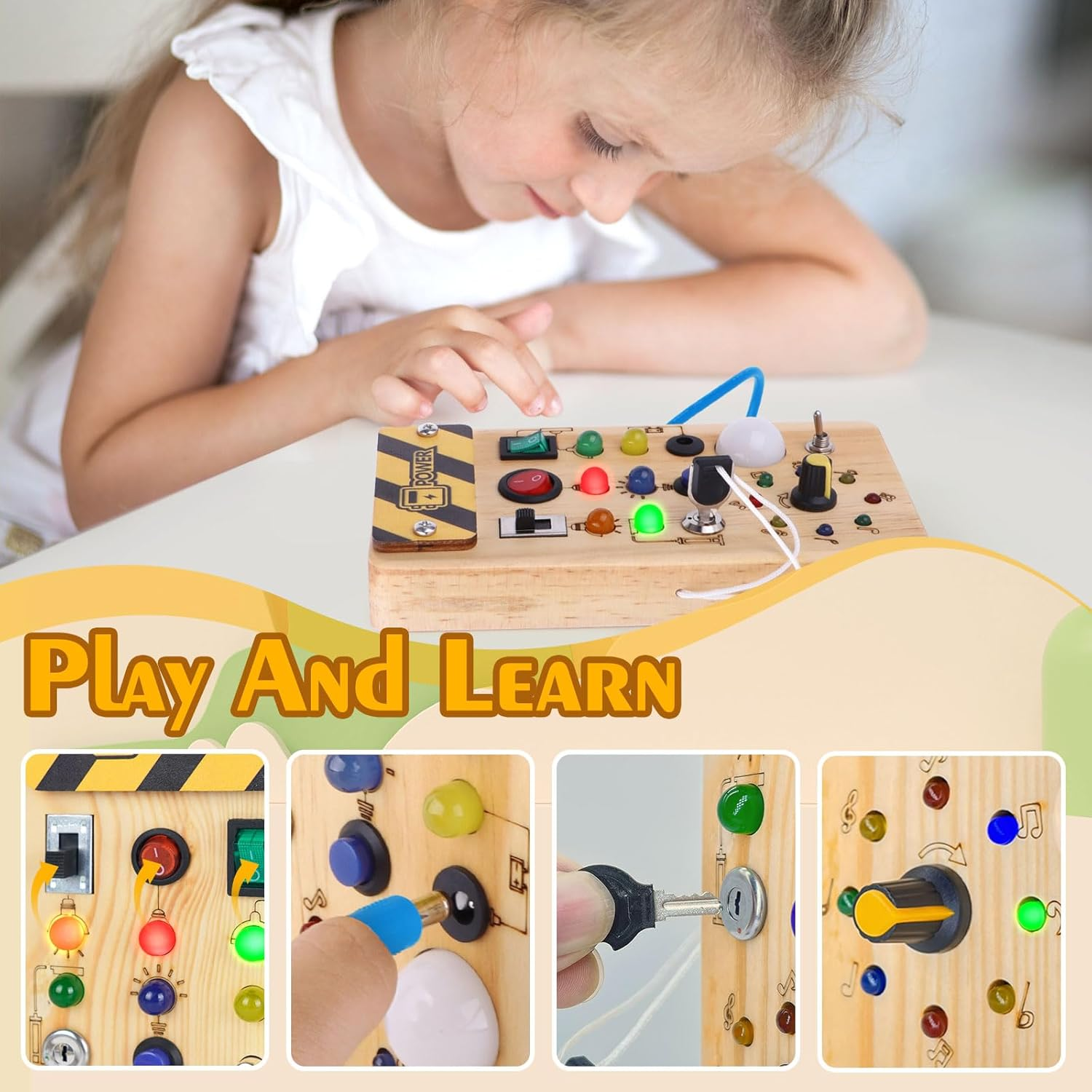 Montessori Toddler Busy Board, Baby Wooden Busy Board with 8 LED Light Switches, Sensory Toys Light Switch Toys Travel Toys for 1+ Year Old Baby and Toddler