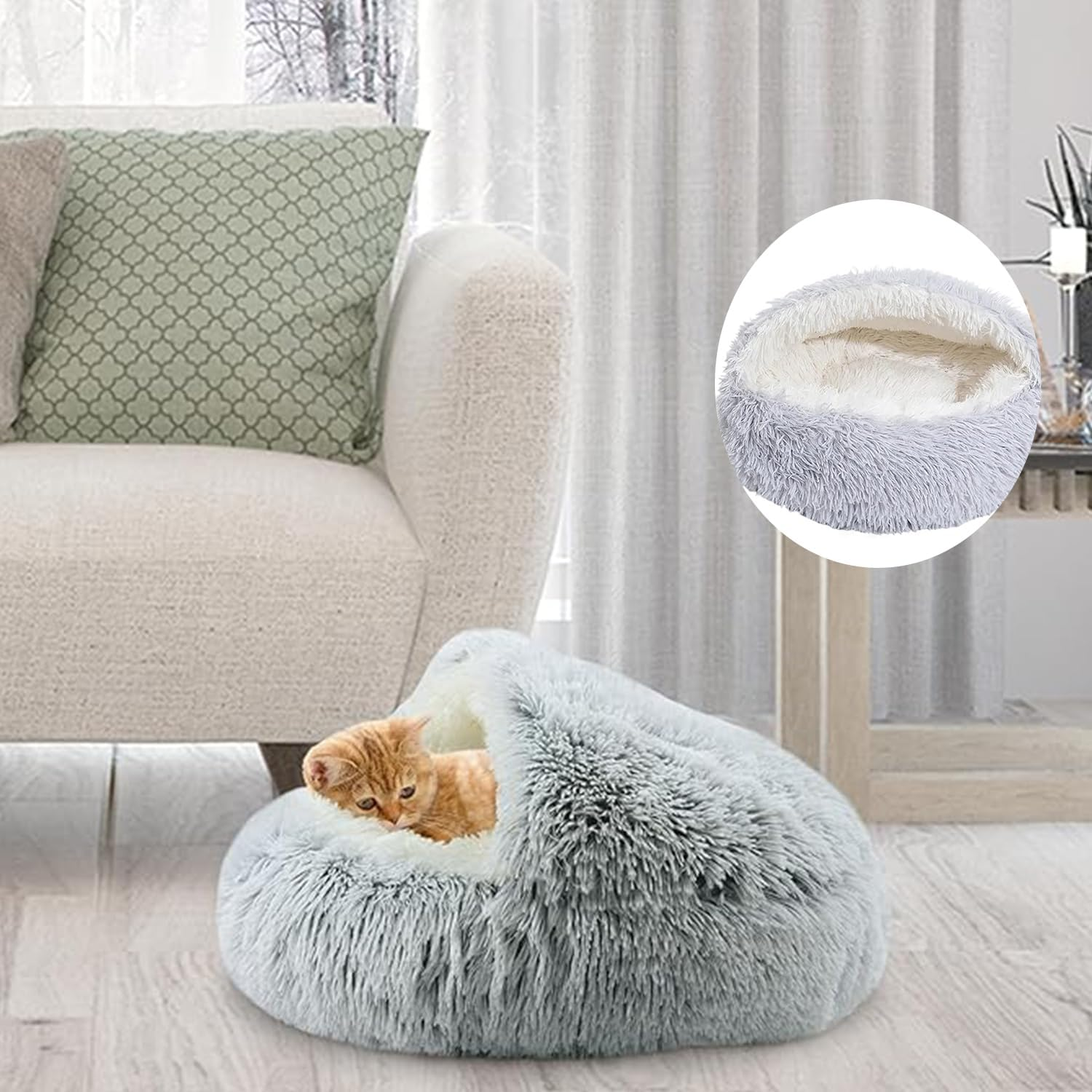 Roczential Small Dog Cave with Cover, Anti-Anxiety Calming Plush Dog Cave Bed, Cat Bed with Cover with Non-Slip Bottom for Puppies and Kittens (50Cm) image number 4