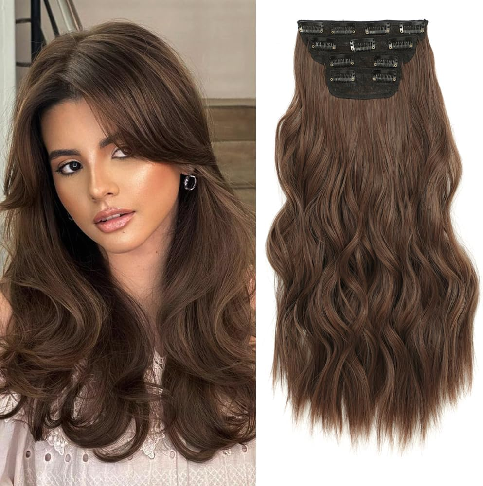 QAUARUMSUN Clip in Hair Extensions 24 Inch 4Pcs Long Wavy Synthetic Hair Extensions Double Weft Hairpieces for Women (Brown) - Blonde image number 2