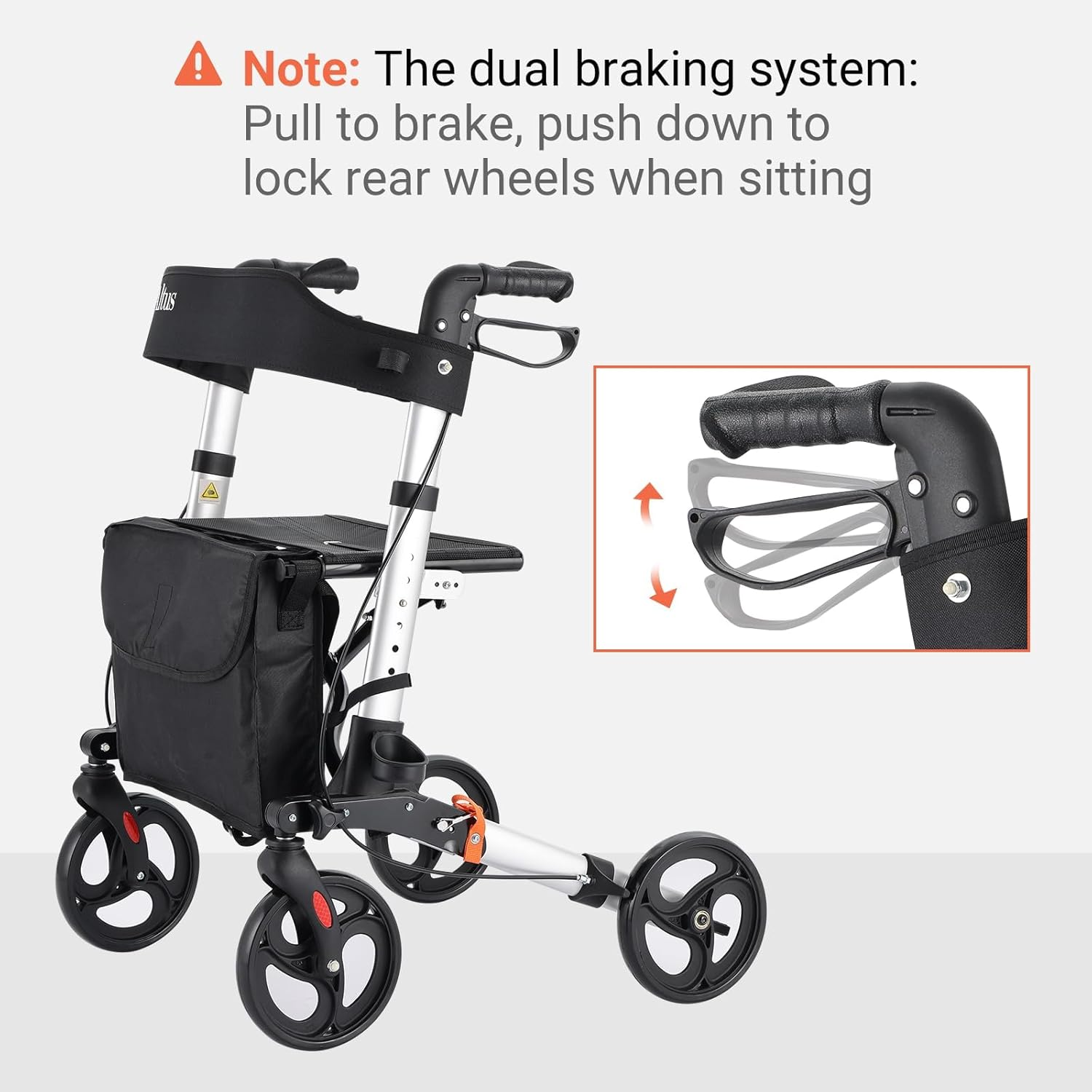 Rollator Walker, Upright Rollator Walker, Aluminum Lightweight Folding Height Adjustable Fit Elderly 4 Wheel and Removable Back Support image number 5