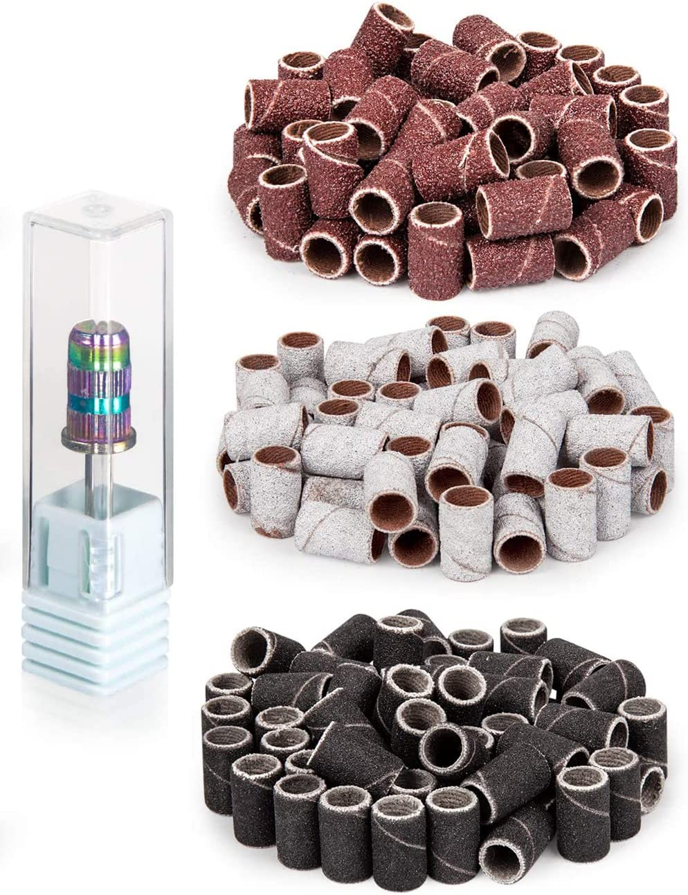 300 Pieces Sanding Bands with Storage Box and 1 Nail Drill Mandrel Bit, Beauties Factory Filing Sand Replacement Pieces for Nail Drill Machine Set, Brown 80#, White 120# and Black 180# Grits (300PCS) image number 6