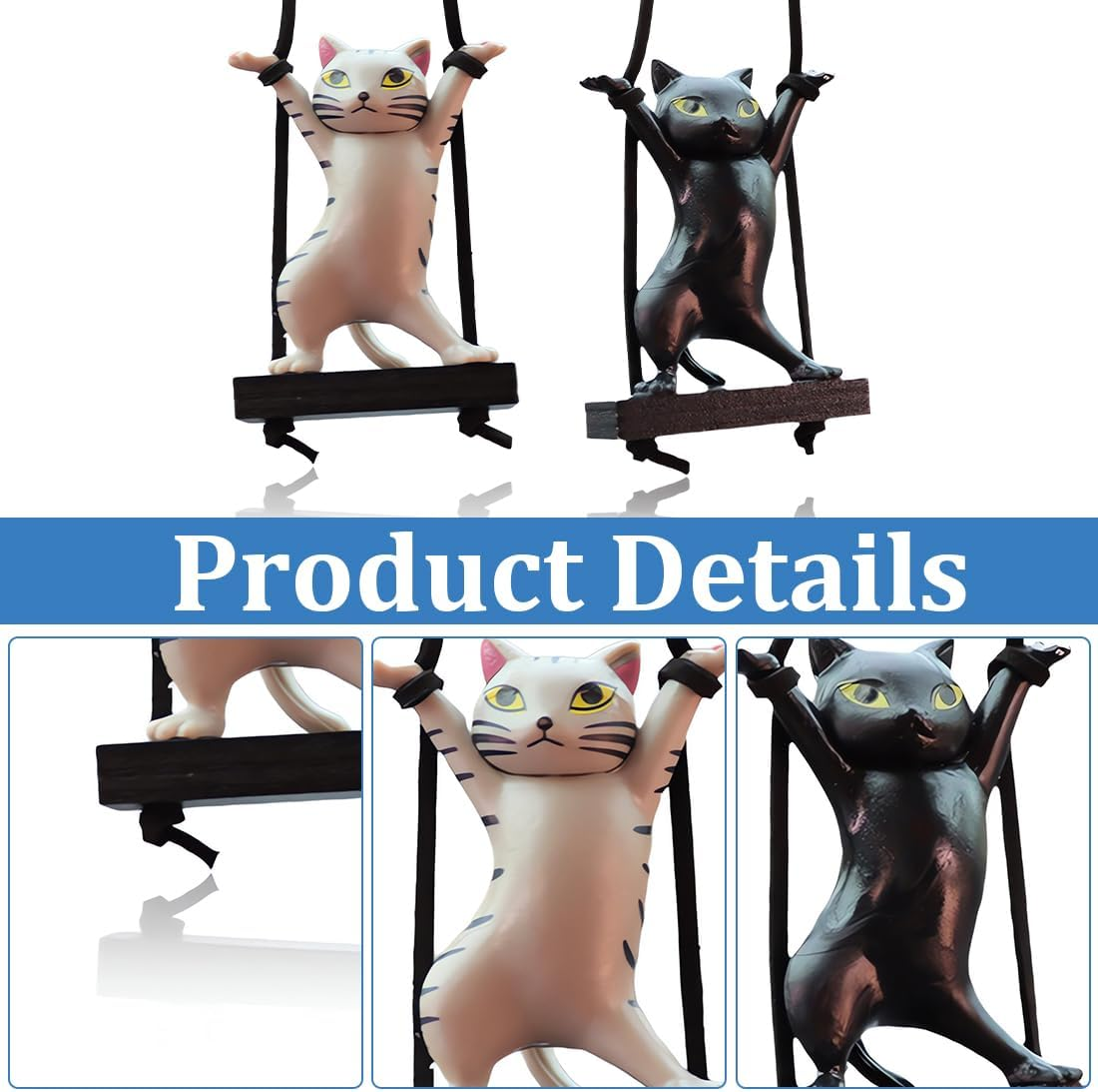 Swing Cat Car Interior Decoration, Pack of 2 Car Accessories for Hanging, Car Mirror Hanging, Bobble Head Figure, Car Decoration, for Car Mirrors, for Men and Women, Black, Grey image number 5