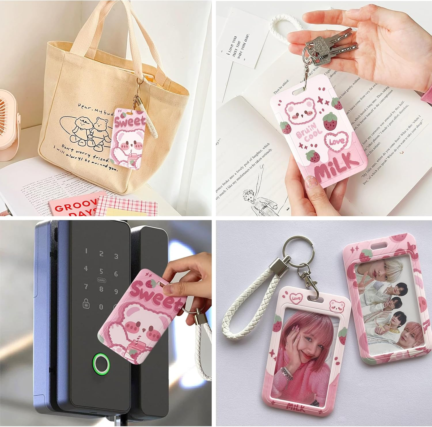 2 Pcs Kpop Photocard Holder Keychain Cute Bear Strawberry Kpop ID Badge Holder with Keychain Badge Reel Stationery for Back to School Student Bus Card Pendant Keychain (Pink), DTR42 - Pink image number 6