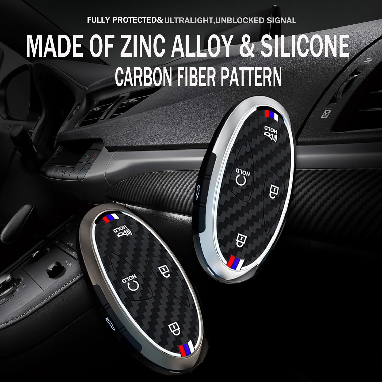 Ontto Carbon Texture Key Holder Luminous Strip Car Key Cover Fit for Hyundai Ioniq 6 Grandeur GN7 Kona Elantra Azera 2023 2024,Sonata Hybrid Santa Fe 2024,Tucson Hybrid 2025,Silver - 7-Button-Black image number 5