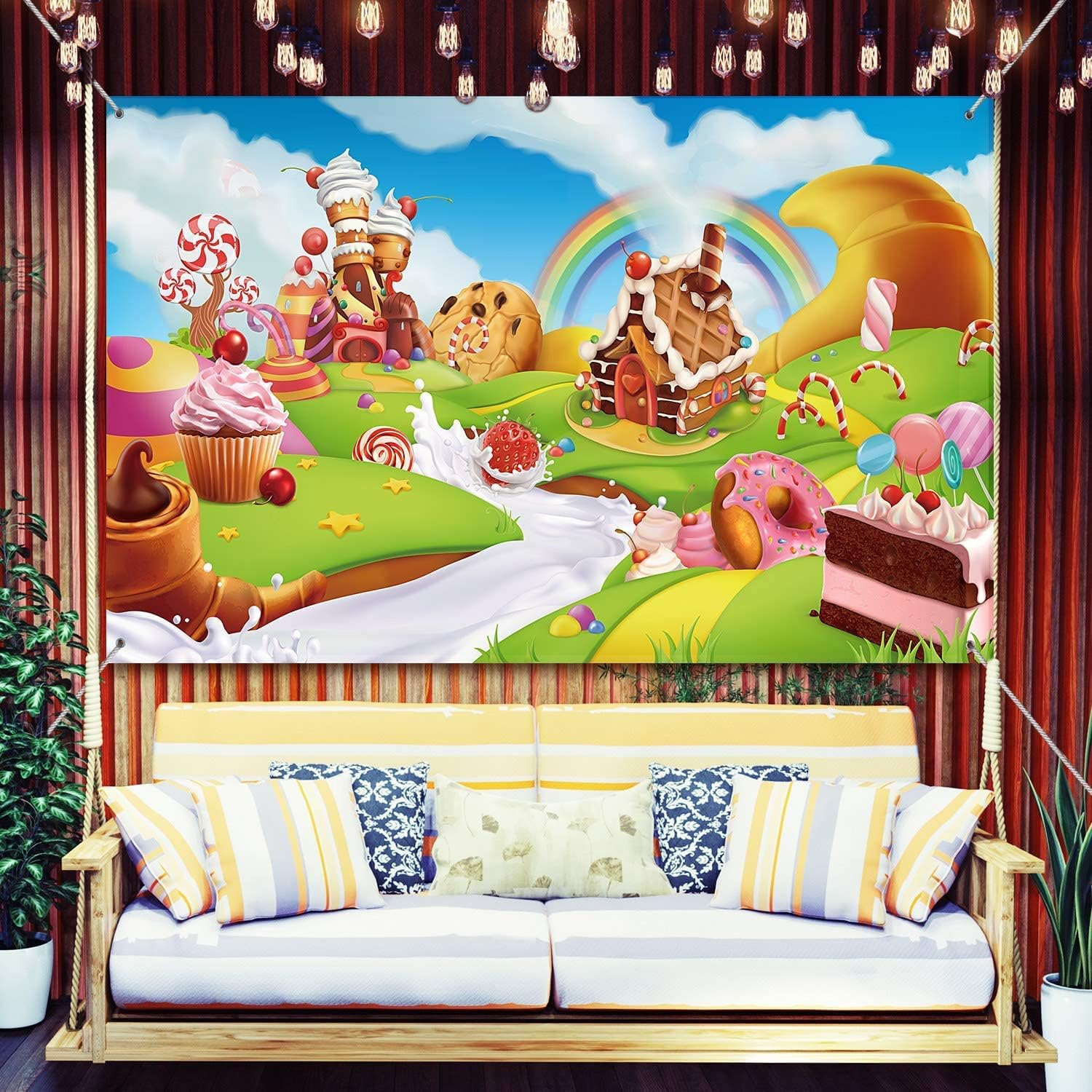 Candy Land Party Decoration Supplies, Extra Large Fabric Sweet Cartoon Background for Baby Shower Birthday Decoration, Lollipop Backdrop Candy House Banner Rainbow Baby Photography Background image number 2