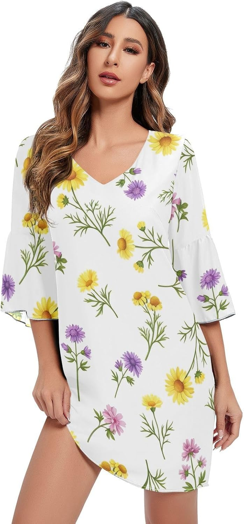 Colorful Wildflowers Ladies Chiffon Dress Printed Line Maternity Dress image number 3