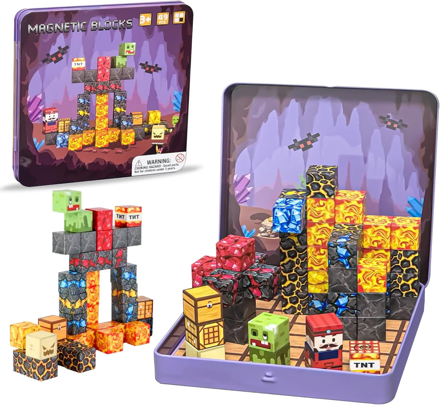 Portable Magnetic Blocks - with Iron Box,49Pcs Adventure Themed Magnetic Tiles,Build Mines Cave World Set,Travel Magnet Building Block,Travel Toys, STEM Constructiontoys for Boys & Girls Ages 3+ image number 4