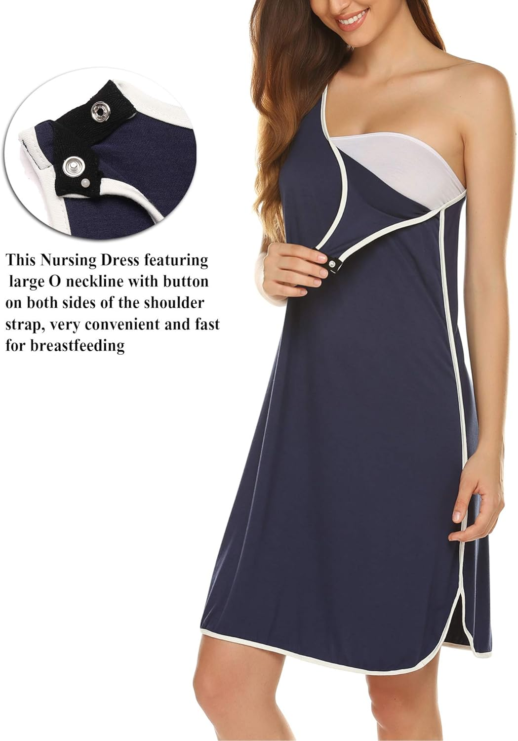 Ekouaer Labor and Delivery Gown for Hospital 3 in 1 Nursing Dress Sleeveless Maternity Snap Button Breastfeeding Nightgown Navy Blue XL, Navy image number 4