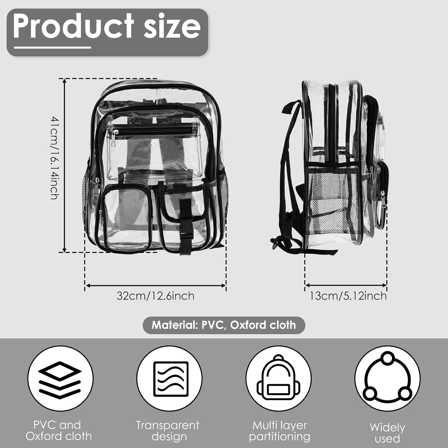 Clear Backpack, Heavy Duty PVC Clear Bookbag, with Widened Straps, Multi Pockets Lightweight See through Backpack, for School Work Stadium Security Travel Sporting Events - Pink image number 5