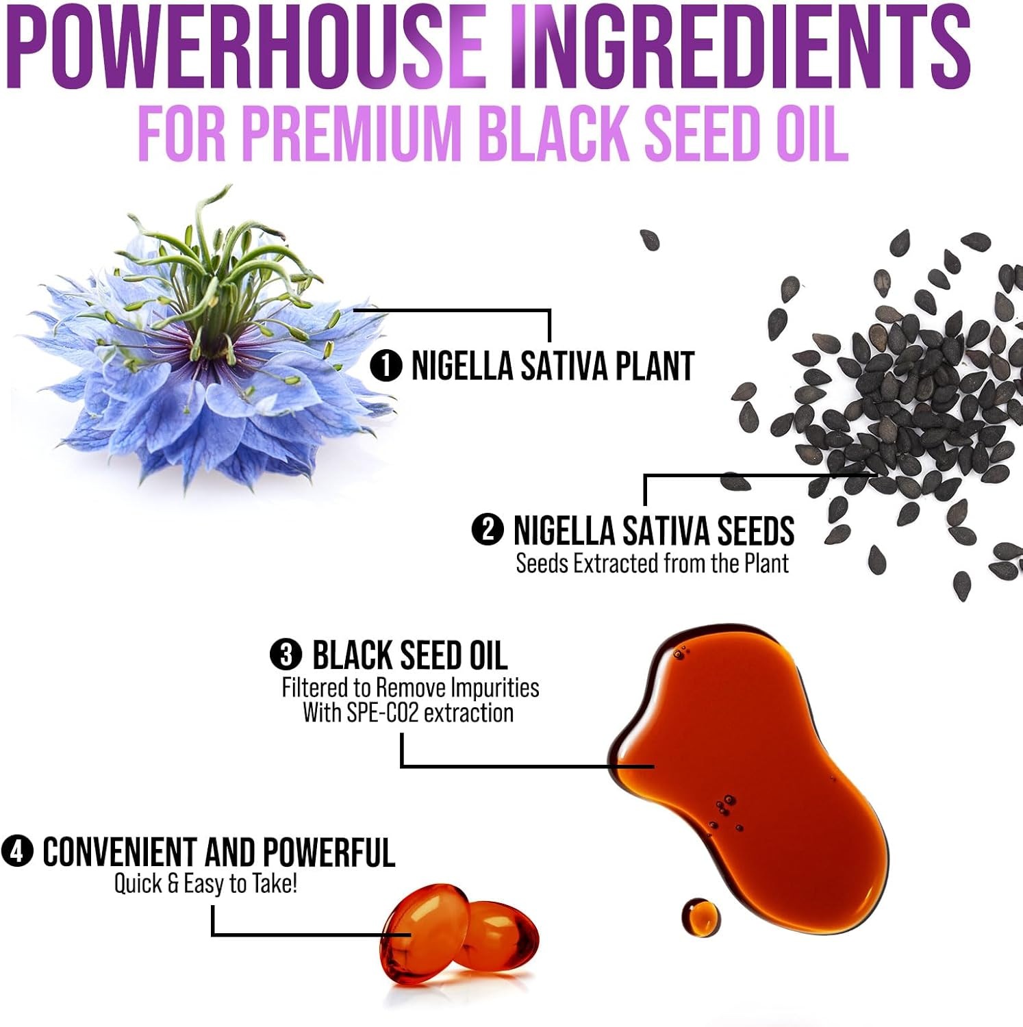 Black Seed Oil Capsules 1000Mg, Vegan Premium Nigella Sativa Black Cumin Seed Oil, Non-Gmo, Vegetarian, Extra Strength Blackseed Oil Softgel Supplement for Immune Support - 60 Capsules image number 2