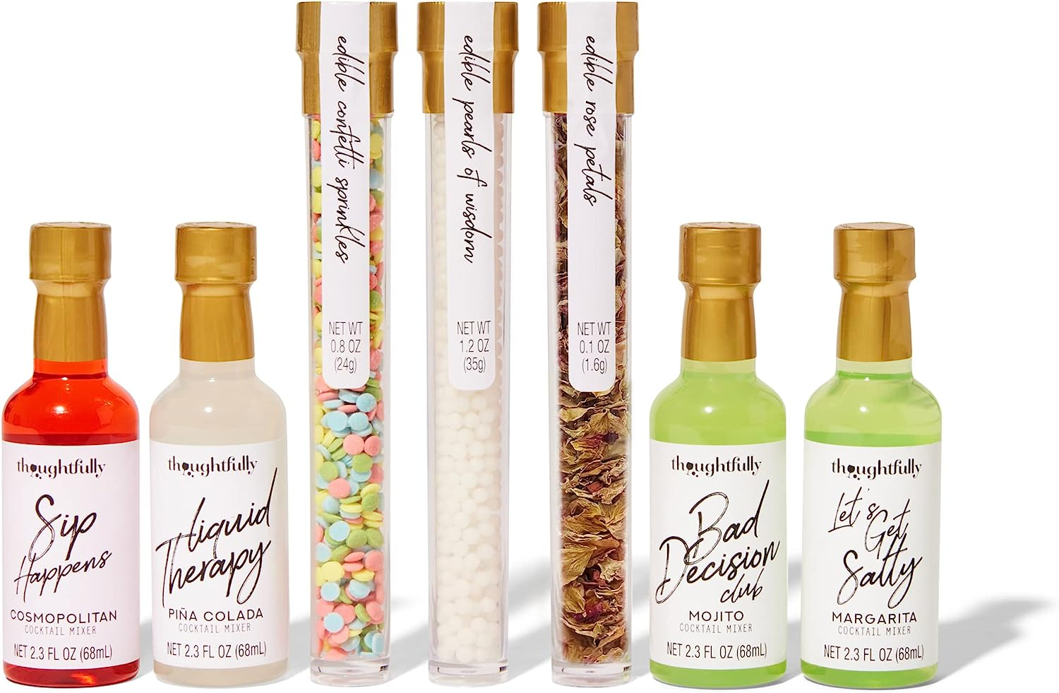 Thoughtfully Cocktails, Cocktail Therapy Mixer Gift Set, Includes Cosmo, Margarita, Mojito, and Pina Colada Flavoured Cocktail Mixers and Edible Pearl, Rose Petal and Confetti Garnishes, Set of 7 image number 6