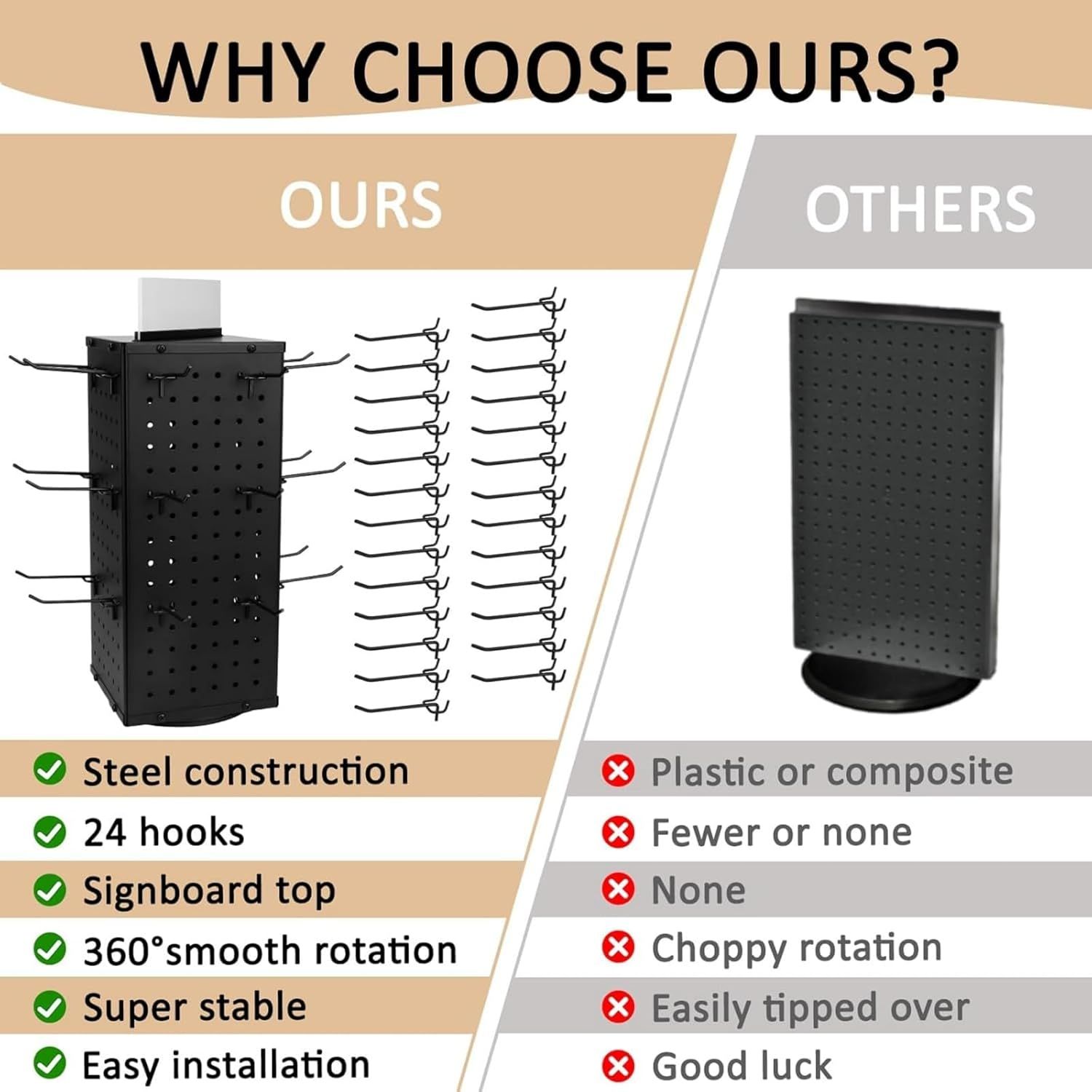 Ssumght Peg Board Display Stand with 12 Hooks,White Metal Jewelry Retail Pegboard Racks for Craft Shows, Fairs and Selling Earrings,Sturdy Rack Stands for Retail Stores, Vendors (Black Rotating) image number 6