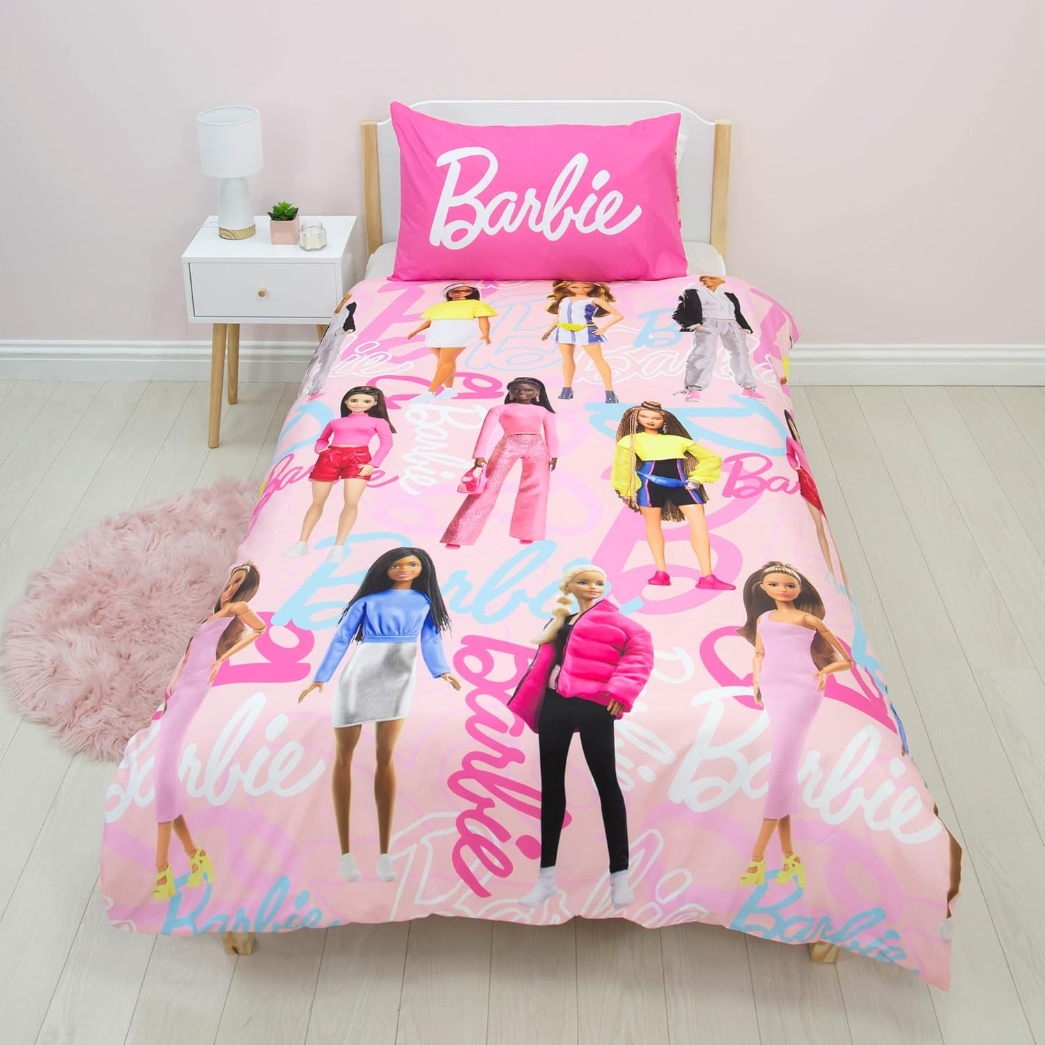 Character World Barbie Children'S Reversible Duvet Cover Set, No Box Design, 2 Sides, with Matching Pillowcase, Polyester, Pink