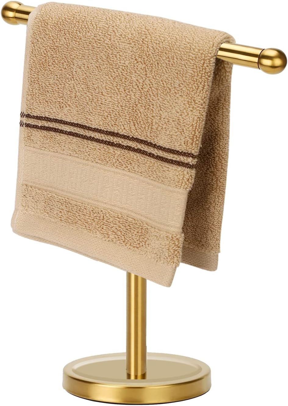 Gold Hand Towel Holder Stand with Heavy Stainless Steel Base, T-Shape Towel Rack, Free-Standing Towel Holder Countertop for Bathroom (Brushed Gold)