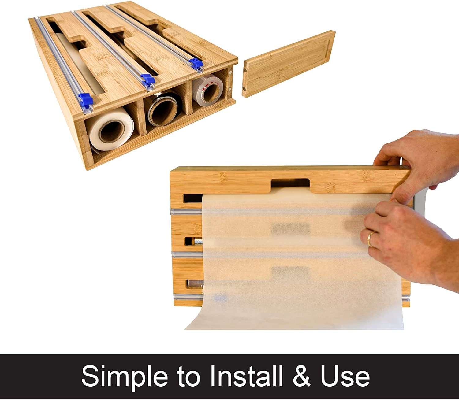 Foil and Cling Wrap Organiser - 3-In-1 Bamboo Wrap Dispenser with Built in Cutter - 33Cm, Fits Australian Cling Wrap, Aluminium Foil, and Baking Paper Rolls, Wall-Mountable or Fits in Draw. image number 2