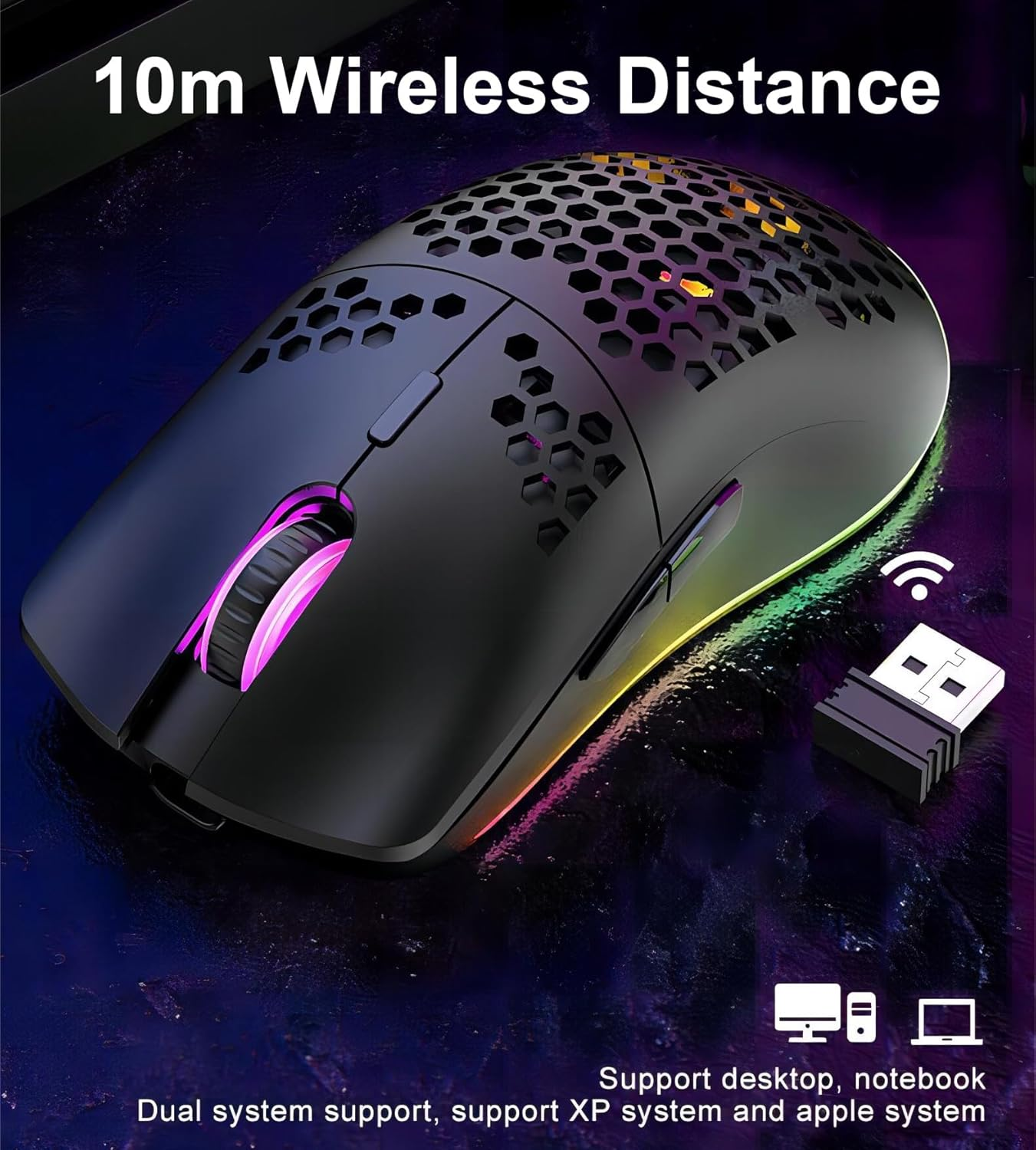 Mengshen Wireless Gaming Mouse Honeycomb, RGB Game Mice with Lightweight Shell High Precision Optical Sensor Adjustable 3200 DPI Ergonomic for Windows PC & Laptop Gamers (Black) image number 6