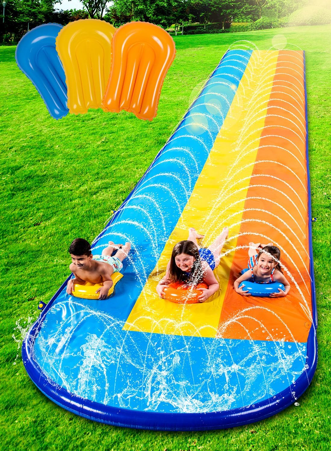 Sloosh Triple Water Slide with 3 Bodyboards, 18FT Lawn Water Splash Slip and Slide Summer Toy Splash Pad with Build in Advanced Sprinkler for Kids Adults Backyard Summer Water Fun image number 5