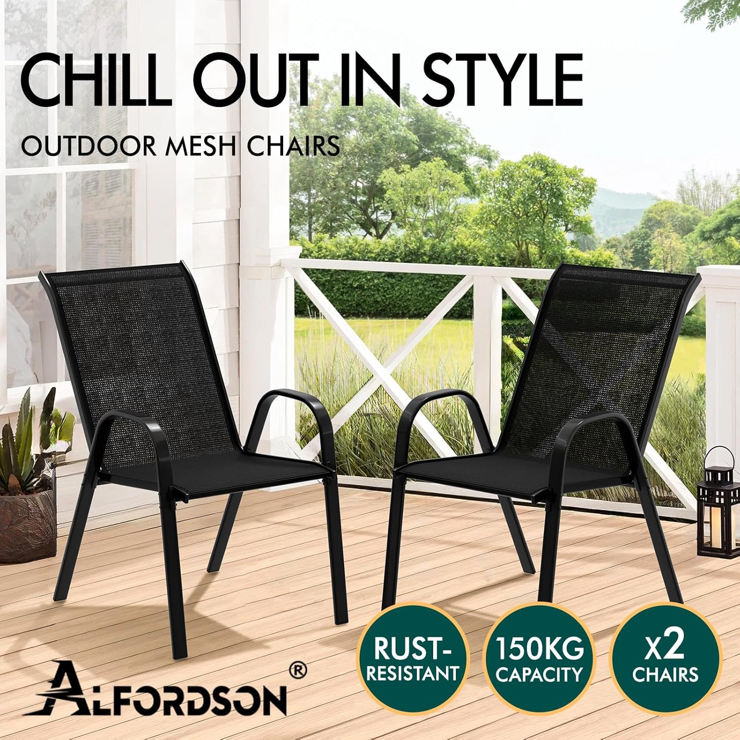 ALFORDSON Outdoor Patio Bistro Chairs 2 Pcs Uv-Resistant PE Wicker, 2X Stackable Outdoor Lounge Chairs with Metal Frame for Conversation Set Coffee Table, Black image number 3