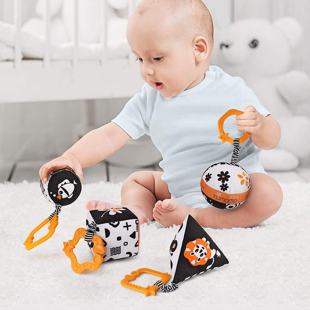 TUMAMA High Contrast Shapes Sets Baby Toys, Black and White Stroller Toy for Car Seat Baby Plush Rattles Rings Hanging Toy for 0 3 6 9 to 12 Months, Newborn,Toddlers,Infants (4 Packs) image number 5