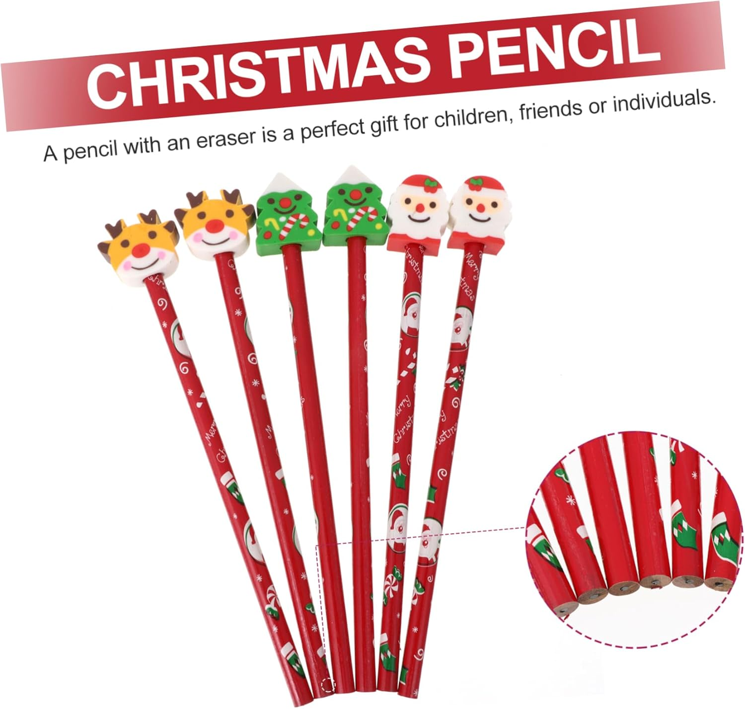 6Pcs Christmas Series Stationery Pencils Eraser Cartoon Christmas Pencil for Boys and Girls and Boy Girl'S Learning Supplies Random Style image number 1