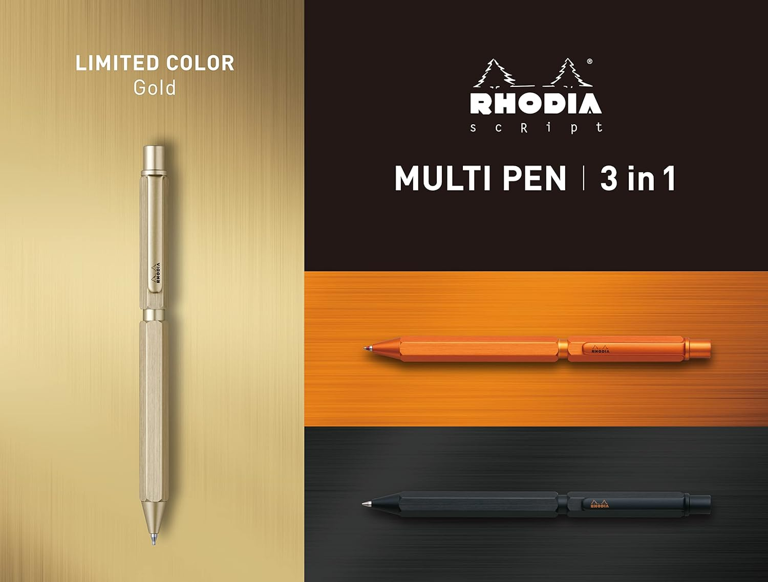 RHODIA 9345C - 3 in 1 Script Multi Pen 2 Ballpoint Pens 0.5 Mm Black & Red + 1 Graphite Mechanical Pencil 0.5 Mm - Hexagonal Body in Brushed Gold Aluminum - Refillable - Eraser under the Push Button image number 3