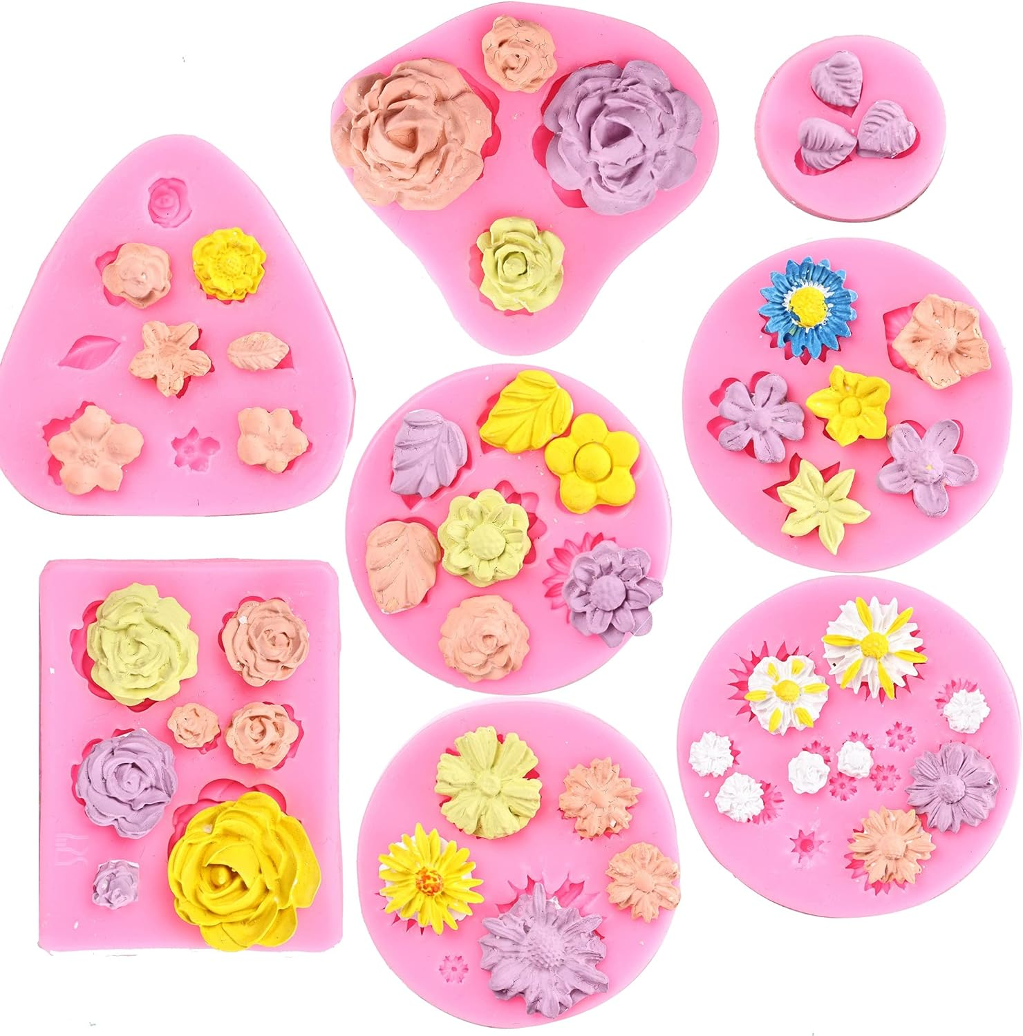 Flower Fondant Cake Molds-8 Pcs-Daisy, Rose, Chrysanthemum and Small Flower Leaf, Candy Silicone Molds for Chocolate Fondant Polymer Clay Soap Crafting Projects & Cake Decoration image number 3