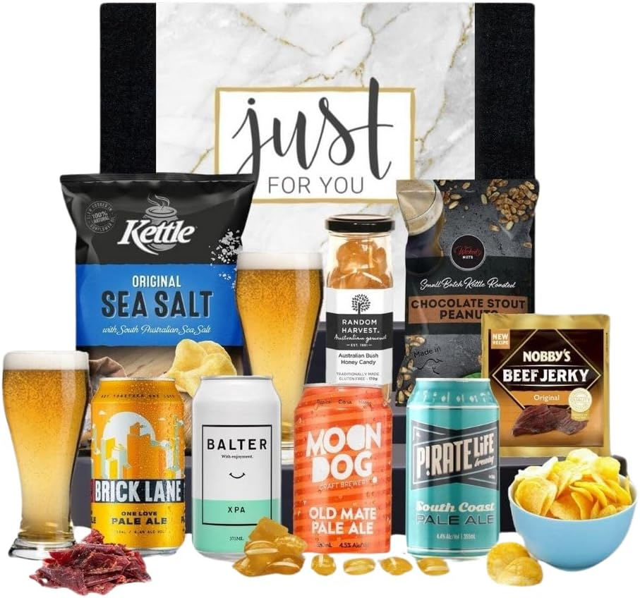 For the Love of Beer Hamper. 4 Australian Craft Brews (Brick Lane, Pirate Life, Moon Dog, Balter Xpa), Beef Jerky, Sea Salt Chips, Peanuts and Humbug Lollies