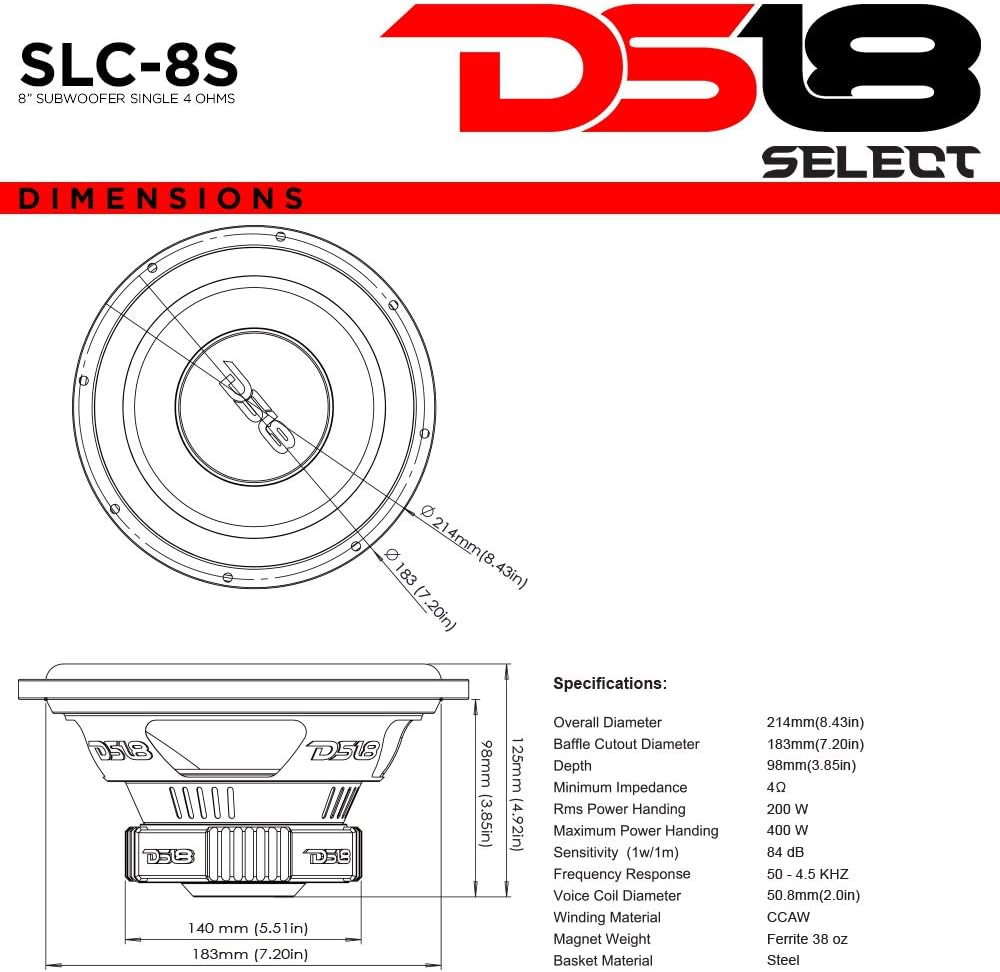 DS18 SLC-8S Subwoofer in Black - 8-Inch Speaker, 400W Max Power, 200W RMS Power, Aluminum 4 Layer Voice Coil, Black Steel Frame, SVC, 4 Ohm Impedance, Ferrite Magnet (1 Speaker) (SLC8S) image number 4